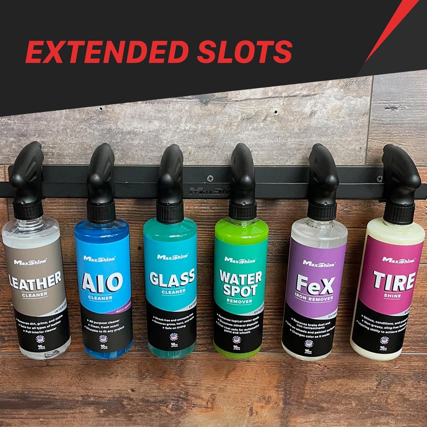 Maxshine Universal Detailing Spray Bottle Holder, 2-Pack | Wall-Mounted Organizer Rack Holds 6 Spray Bottles (16oz) | Lightweight, Durable Storage Accessory for Mobile Car Detailing & Garage Use