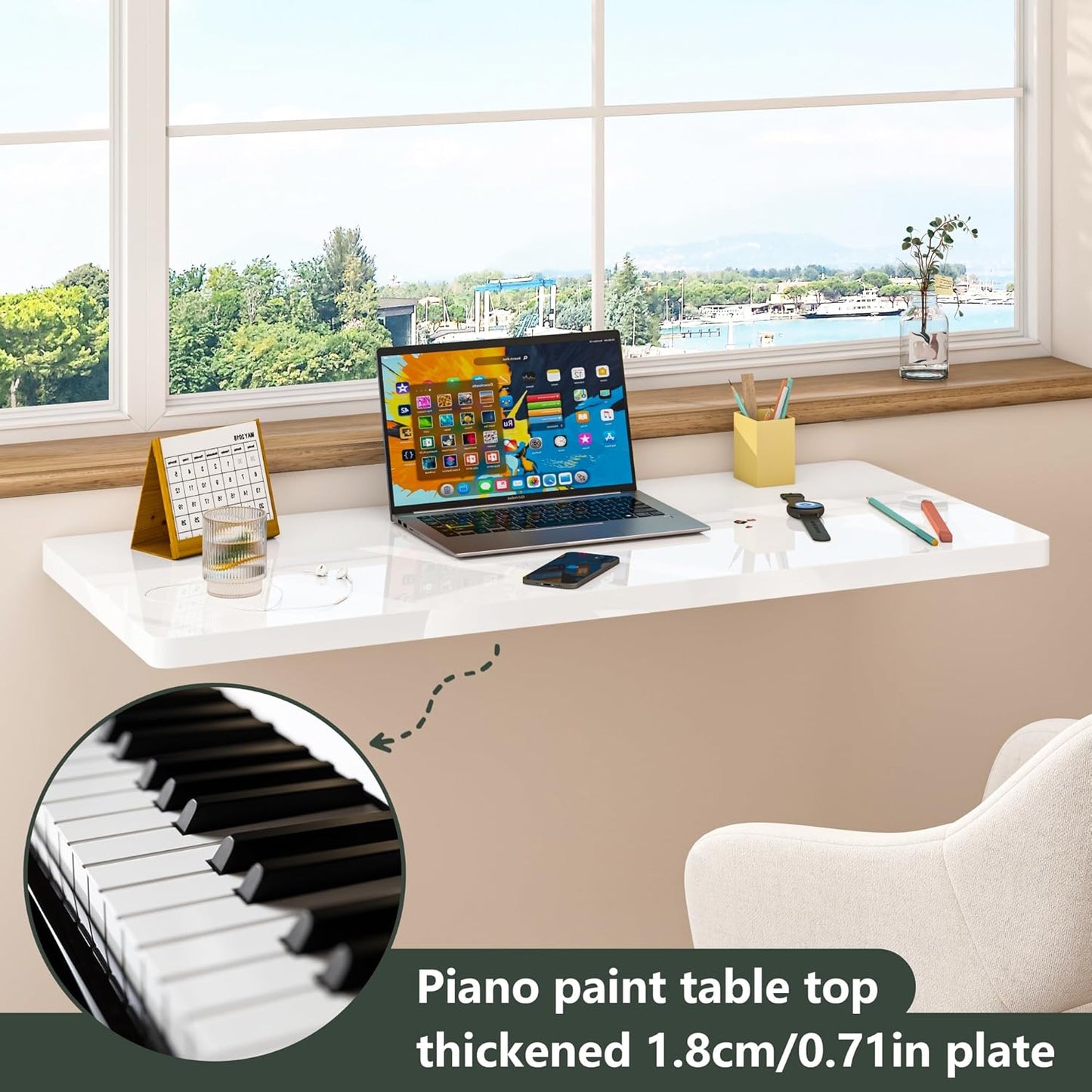 Clikuutory Wall Mounted High Gloss Folding Table 39.4" L x 19.7" W, Laundry Folding Table for Laundry Room, Home Office, Kitchen, Bedroom, Home Bar, Wall Desk Fold Down for Small Spaces, White