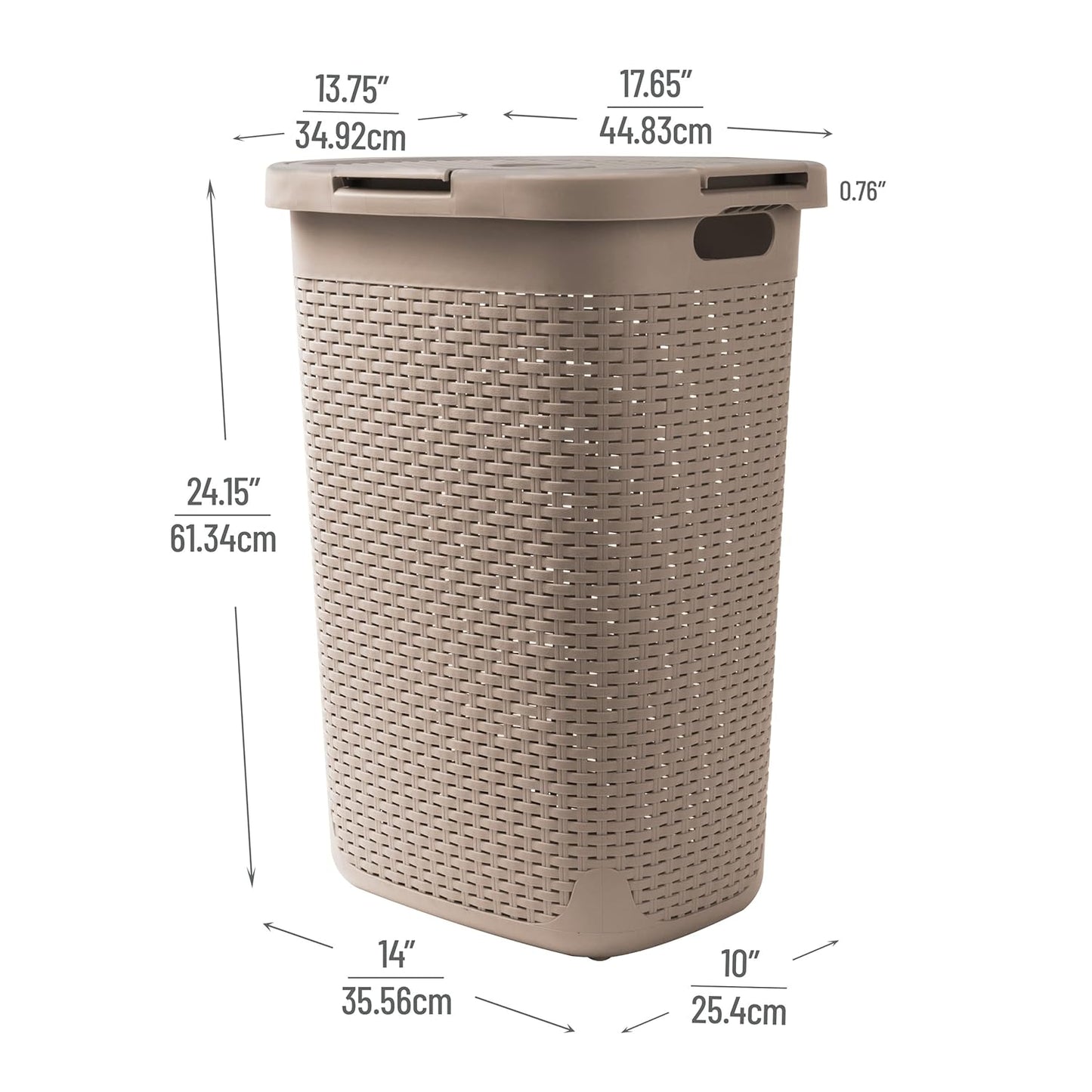 Mind Reader Slim Laundry Hamper with Lid, 60L Clothes Basket, Premium Wicker Design, Plastic, Tan