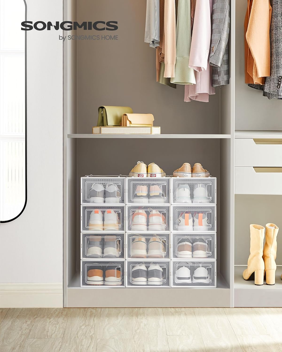 SONGMICS Shoe Boxes, Pack of 15 Shoe Storage Organizers, Stackable Clear Plastic Boxes for Closet, Sneakers, 13.1 x 9.1 x 5.6 Inches, Transparent and White ULSP015W02