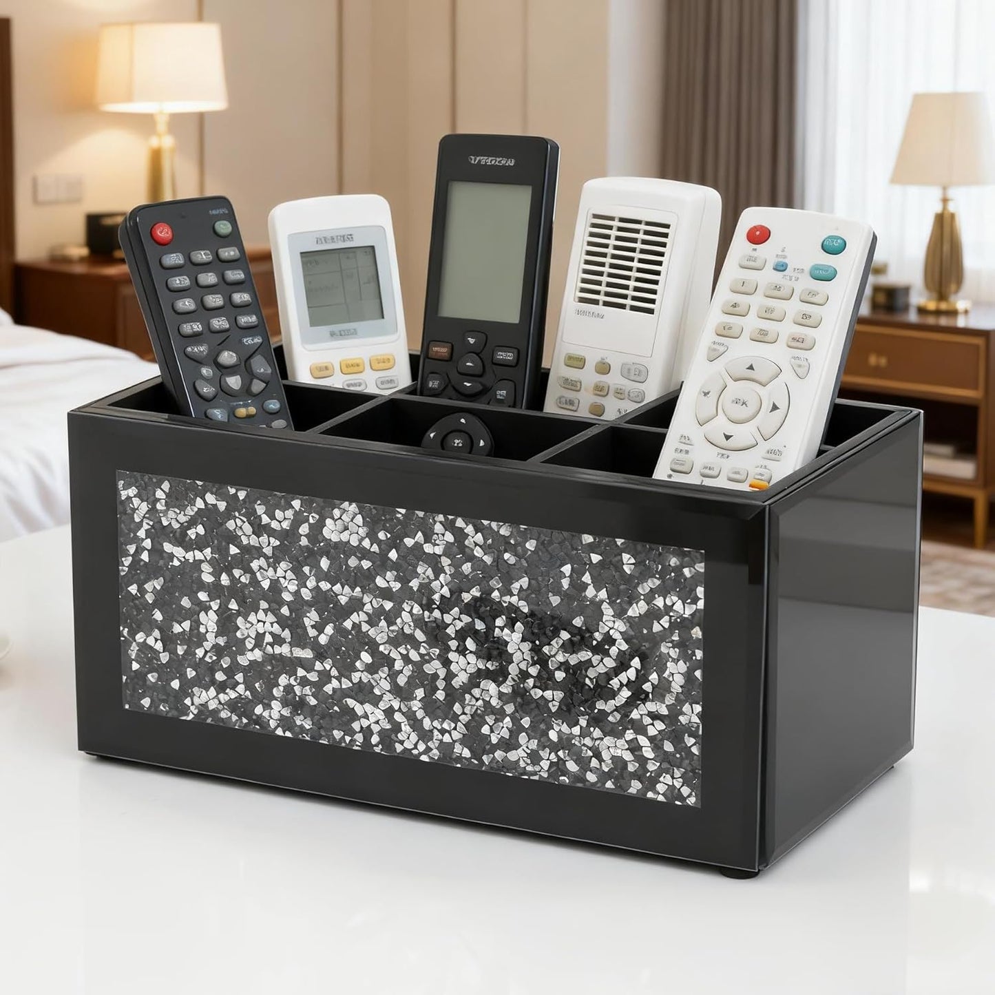 SHYFOY Remote Control Holder with 6 Compartments, Black Glass Desktop Organizer, Crystal Detail Design, 4.3x8.3x4 Inches, Multi-Purpose Storage Caddy for TV Remotes and Office Supplies