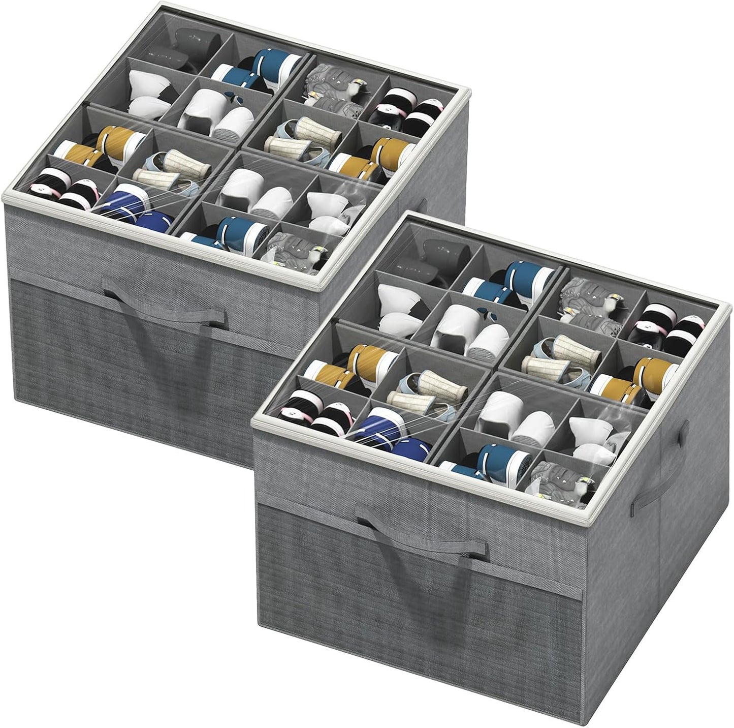 Aokeyee Shoe Organizer for Closet,2 Pack Foldable Shoe Storage Organizer Box Bin with Adjustable Dividers and Clear Cover, Fits up to 16-32 Pairs