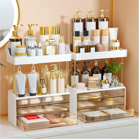 5 Tier 3 Drawers Makeup Organizer, 2 Set Bathroom Organizers and Storage,Cosmetic Storage Drawer for Dresser Countertop and Bathroom Vanity for Large Skincare, Perfume, Amber