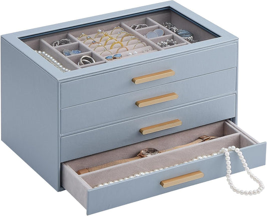 Lolalet Jewelry Box Organizer, 4-Layer Jewelry Organizers and Storage Case with Glass Lid, Ring Earring Bracelet Necklace Holder Organizer, Birthday Christmas Gifts for Women Girls -4Layer, HazeBlue