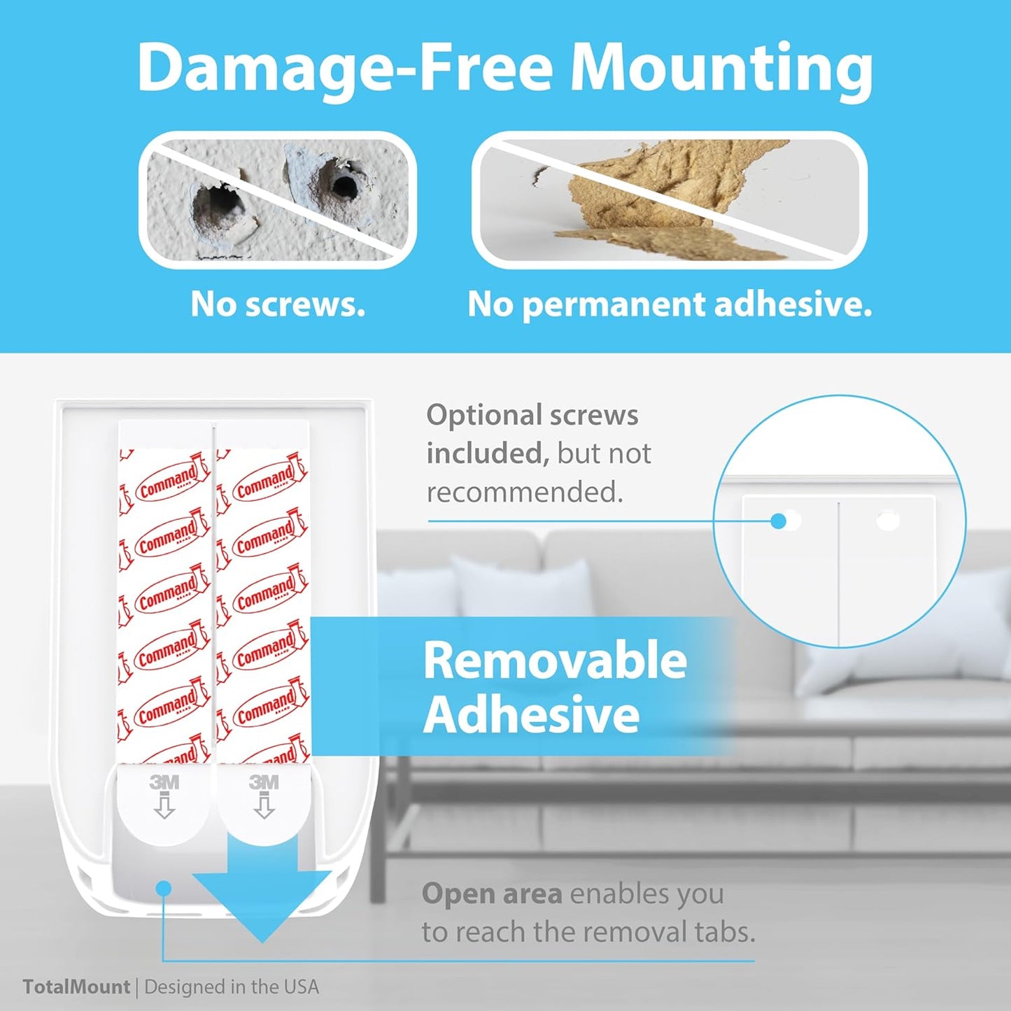 TotalMount Hole-Free Remote Holders – Eliminate Need to Drill Holes in Your Wall (White Remote Control Holders, Quantity 2)