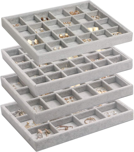 DIOMMELL Set of 4 Stackable Velvet Jewelry Trays Organizer, Jewelry Display Storage Box Showcase Holder Dresser Drawer Organizer for Earring Necklace Bracelet Ring Accessary, Grey