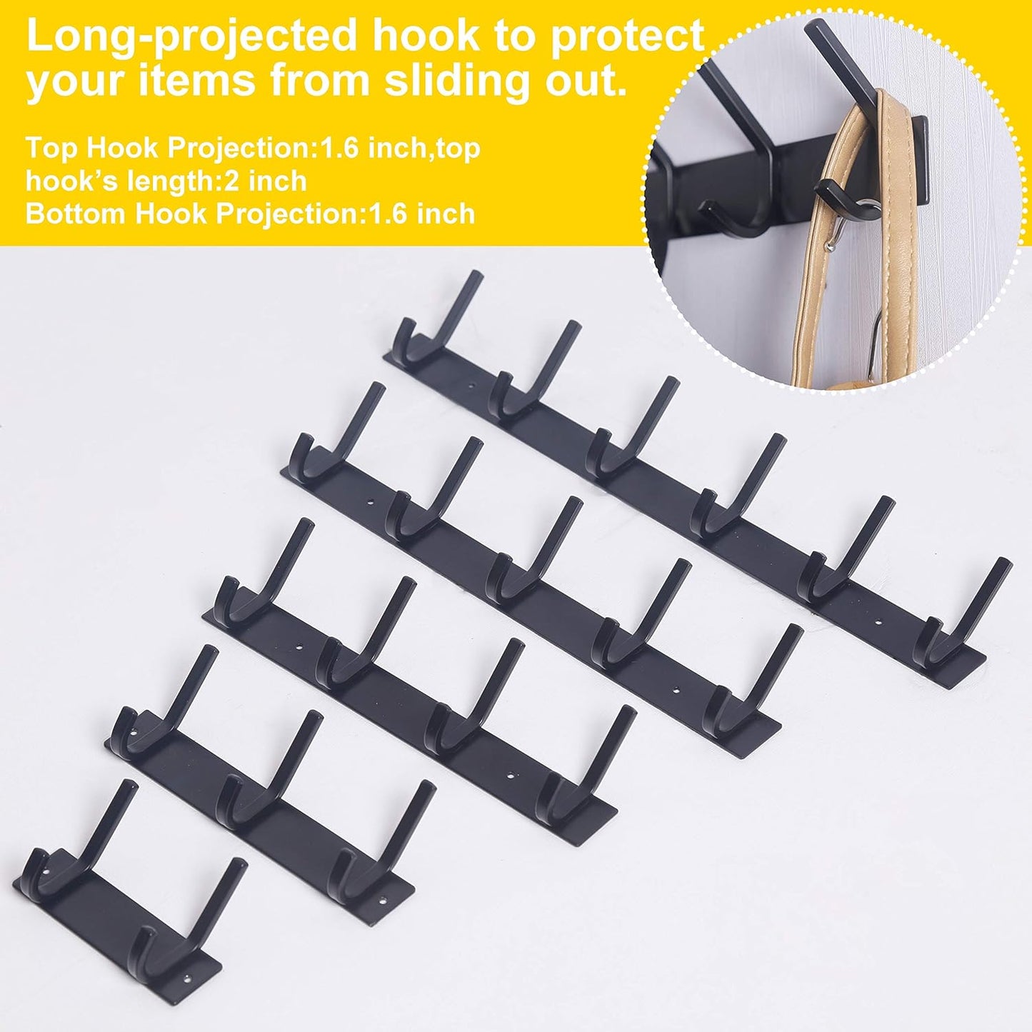 WEBI Coat Rack Wall Mounted,4 Coat Hooks for Hanging Coats,Hook Rack Rail Coat Hanger Wall Coat Rack with Hooks for Clothes,Black,2 Packs