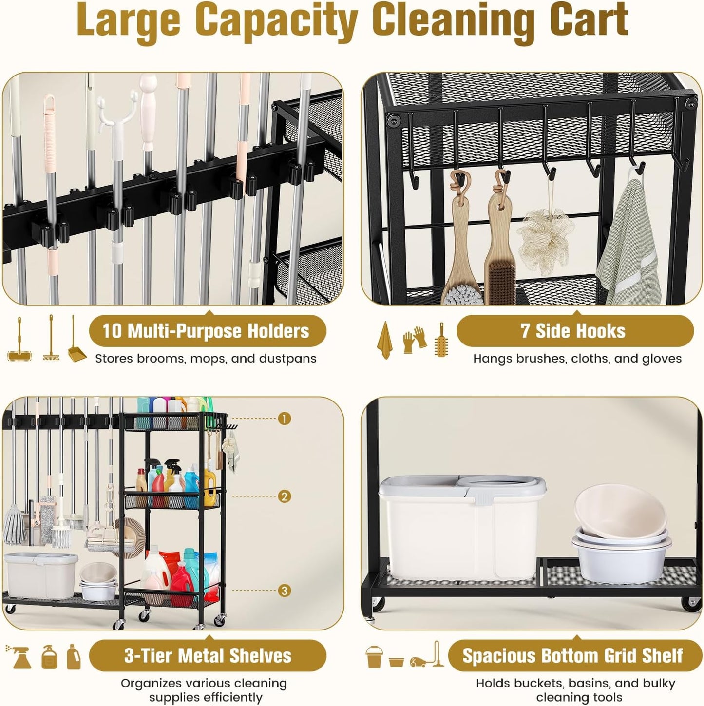 Broom Holder with Cleaning Supplies Organizer, Cleaning Utility Cart on Wheels, 10 Clips & 7 Hooks, 3-Tier Shelves, Broom Closet Storage Cabinet with Cleaning Caddy for Home Commercial Use