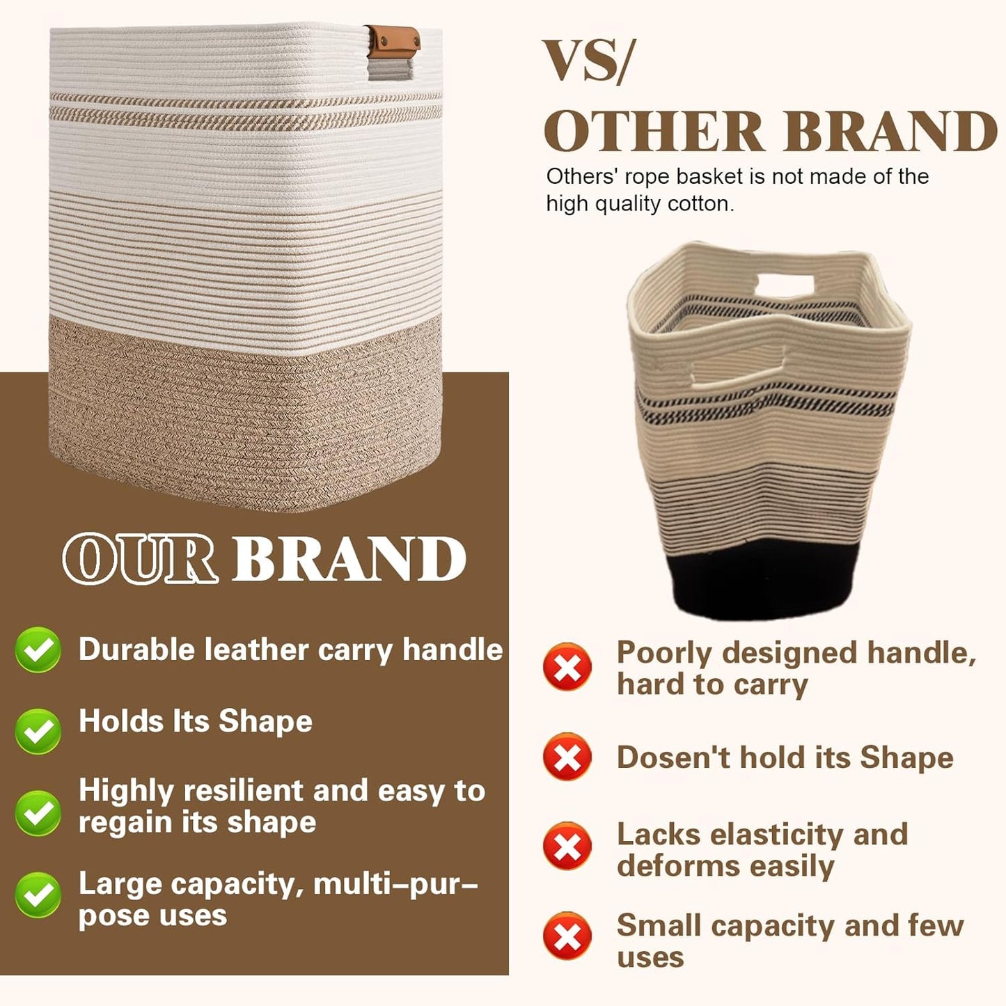 Laundry Hamper, 95L Tall Laundry Basket with Leather Handles, Rectangle Large Clothes Hamper for Organizing, Cotton Woven Laundry Baskets Storage Hampers for Bedroom, Nursery, Living Room
