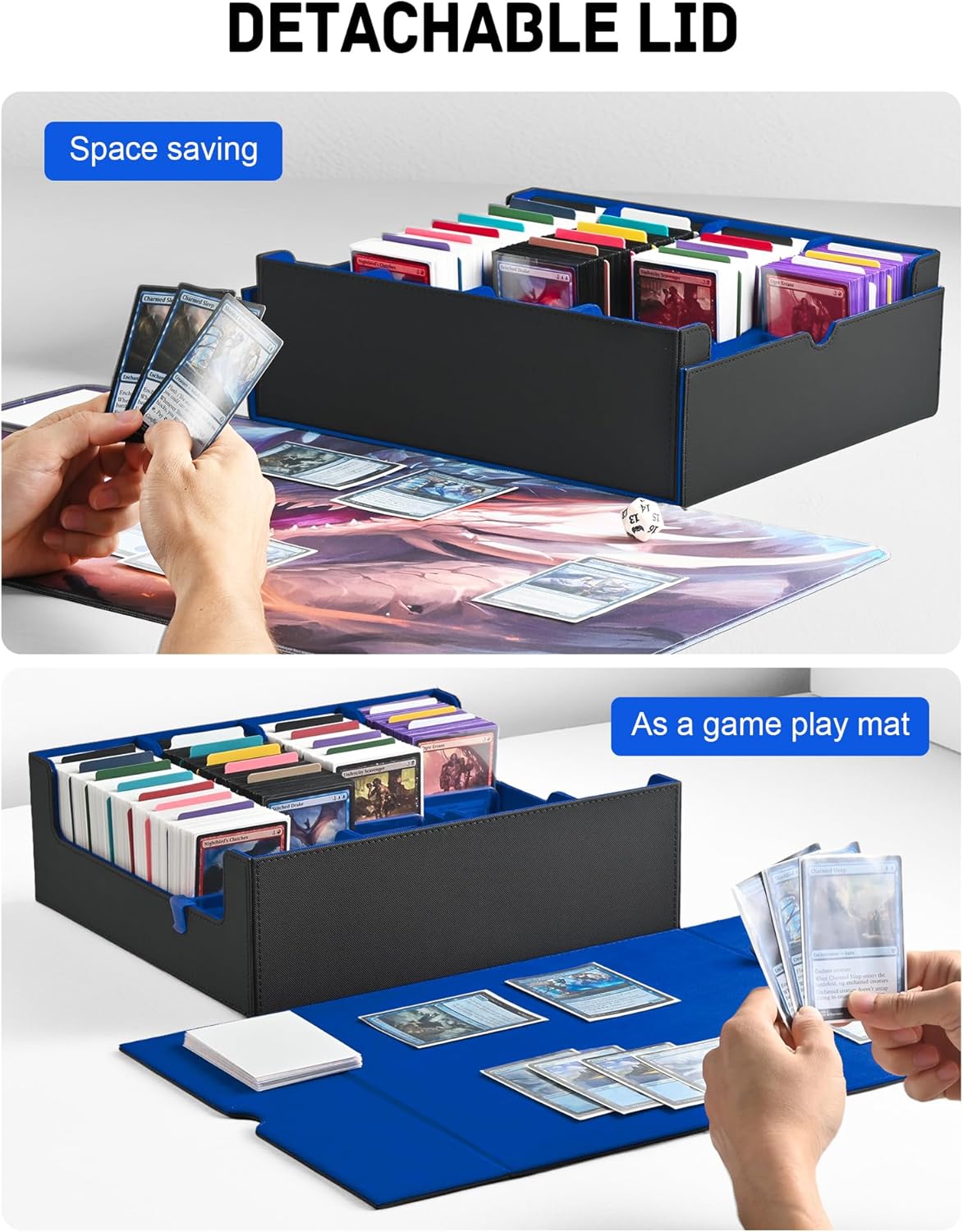 ZLCA Card Storage Box for MTG PTCG, Commander Deck Box Holds 3200+ Cards, Trading Card Storage Case with 4 Stoppers, Card Organizer for TCG Sport Cards(Black&Blue)