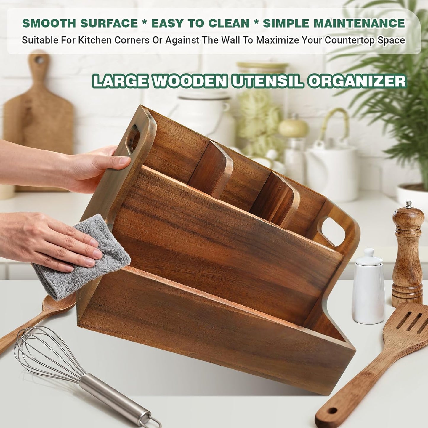 Kitchen Utensil Holder for Countertop with 4 Compartments Acacia Large Utensil Holder Wooden Storage for Cooking,Baking,Flatware Tool Kitchen Utensil Organizer