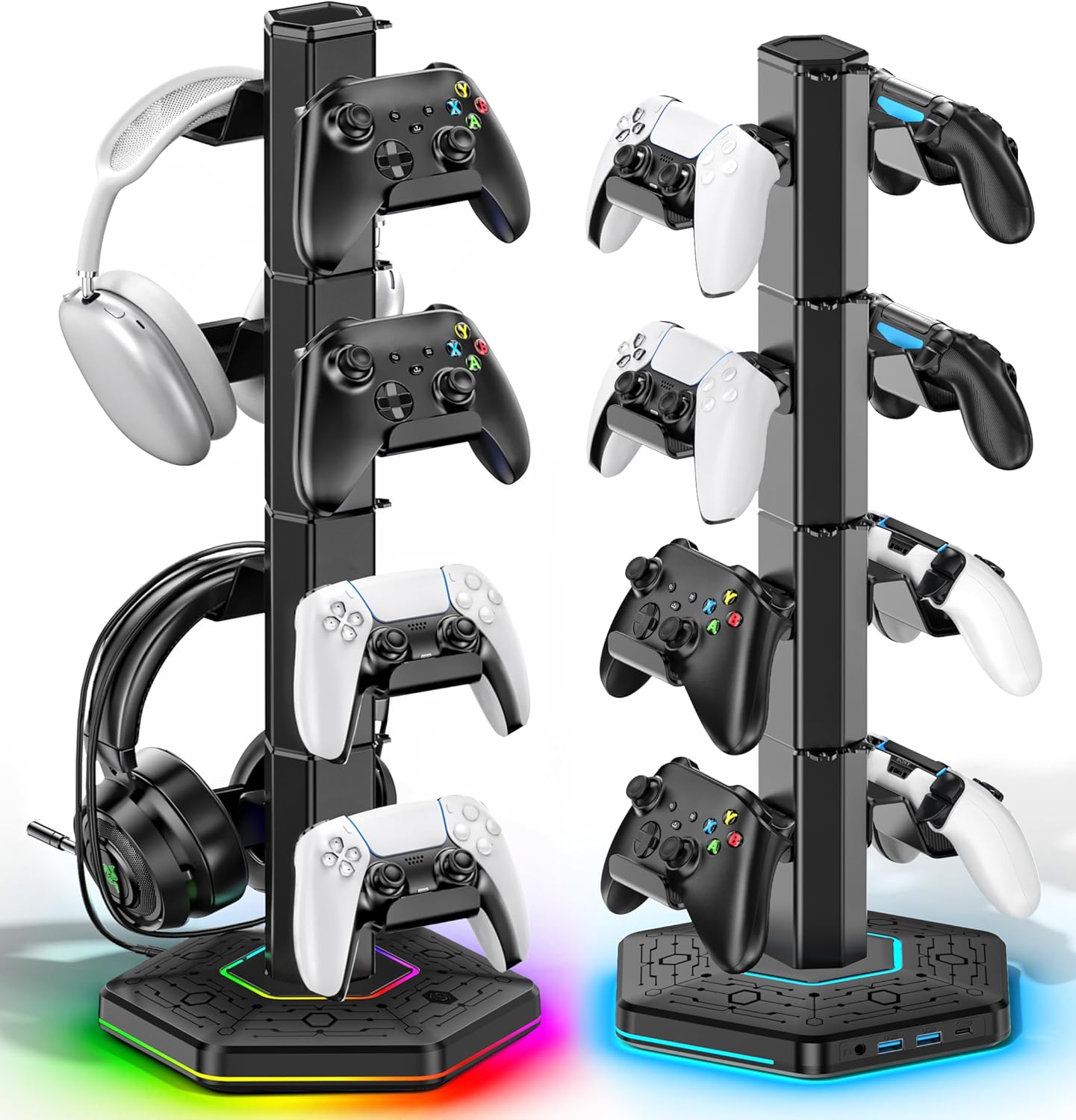 Kytok Headset And Controller RGB Stand for Xbox/ PS5/ PS4 Controller, Headphone & Remote Holder for Desk with 9 RGB Lights & 2 USB 3.0 Ports, Gaming Organizers & Storage Accessories for Gaming Gift