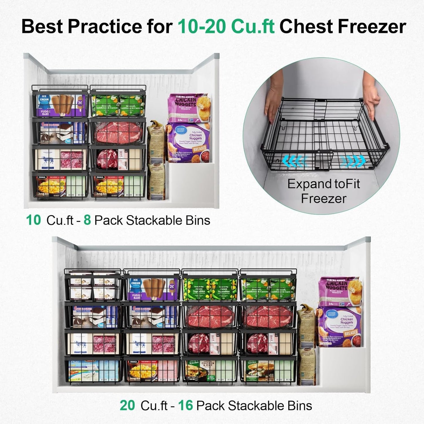 iSPECLE Chest Freezer Organizer - Fit 10 to 20 Cu.FT Freezer, 3 Pack Large Expandable Stackable Deep Freezer Organizer Bins Sort Frozen Food and Easily Get with Handle, Improve Air Circulation, Black