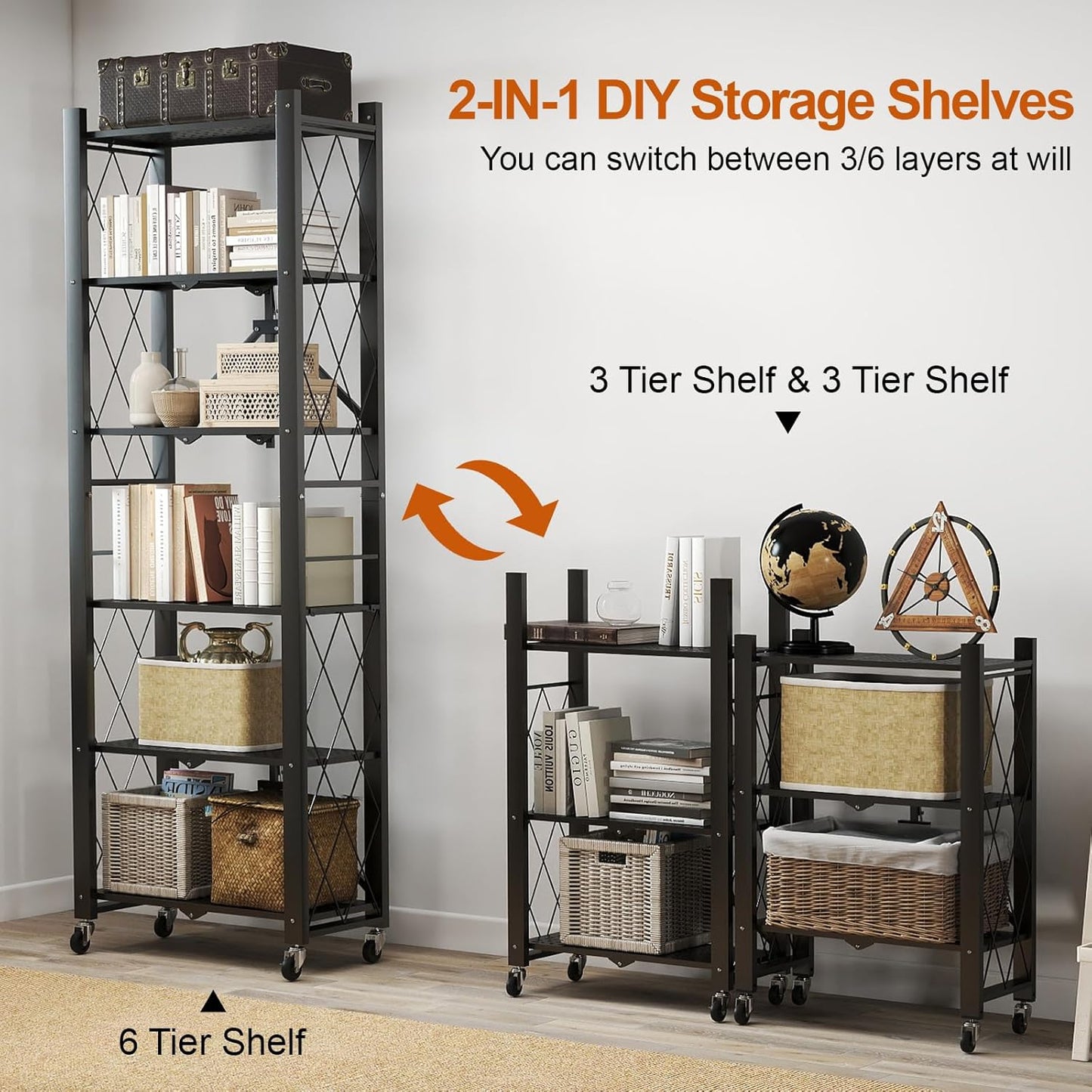 6-Tier Foldable Storage Shelves with Wheels, Folding Metal Shelf Unit, Folding Bookshelf no Assembly, Collapsible Shelves for Craft Shows for Kitchen, Bedroom, Living Room, Black