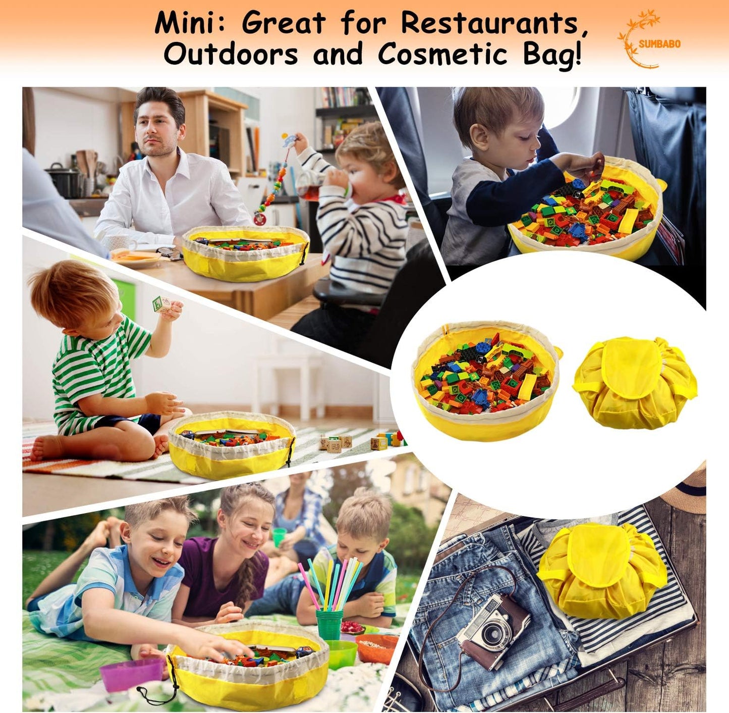 Toy Storage for Lego Play Mat Bag - Duplo Toy Organizer Storage Bag by Drawstring for Kids Tidy Toy with Lips can as Gift (2Pcs = Big Orange + Mini Yellow)