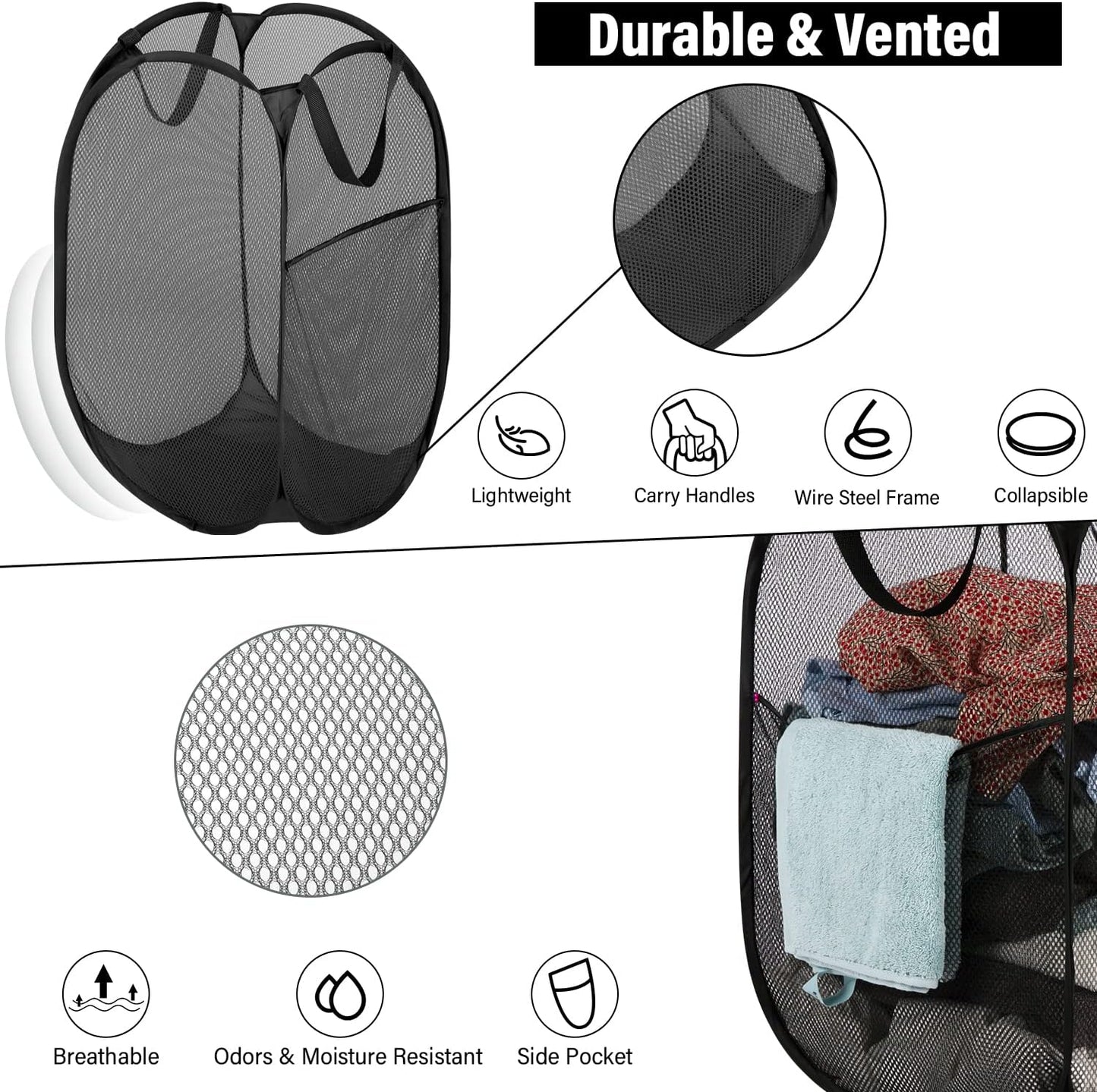 BATTOO Deluxe Strong Mesh Pop up Laundry Hamper Basket with Side Pocket for Laundry Room, Bathroom, Kids Room, College Dorm or Travel 2 Pack Black