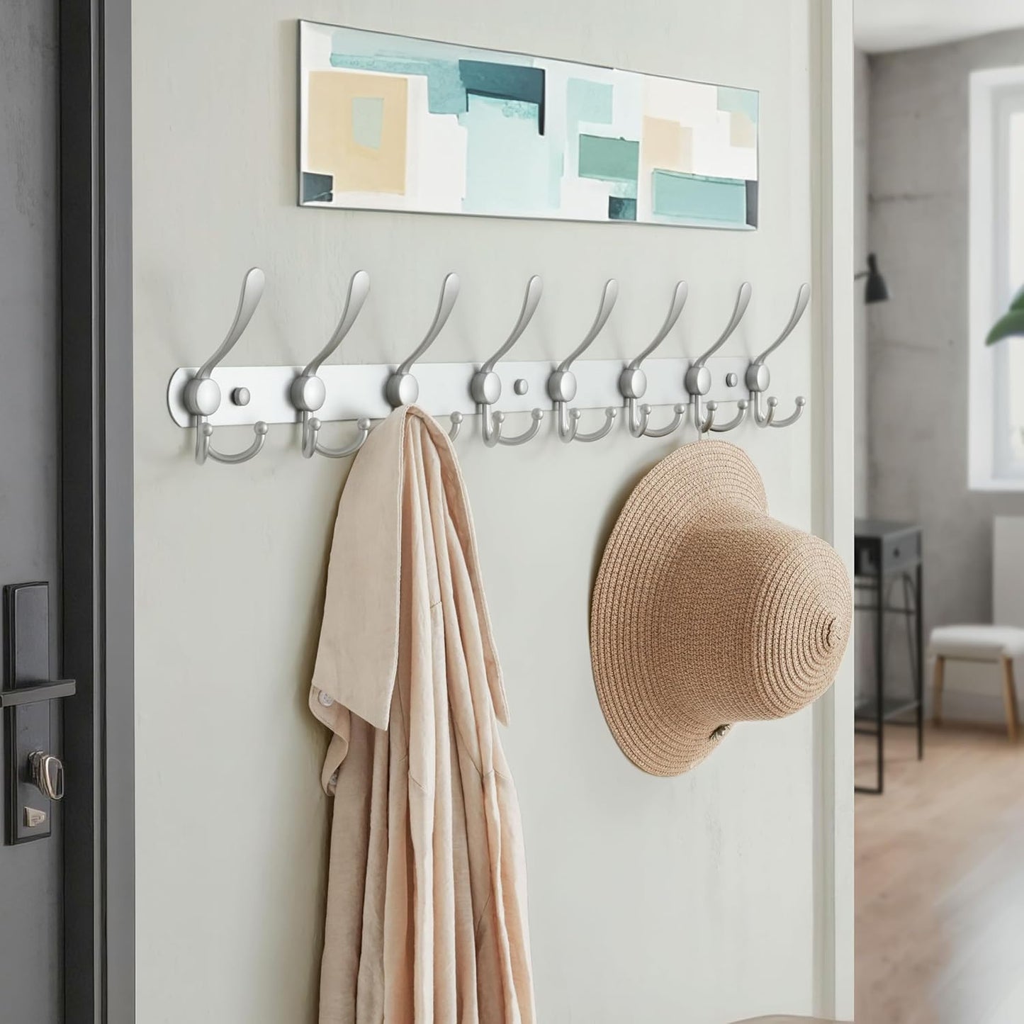 Dseap Coat Rack Wall Mount - 29.5” Long 8-Tri-Hooks Heavy Duty Coat Hanger Rail Wall Hooks for Hanging Coats Hats Clothing Clothes Purse Mudroom Entryway, Silver