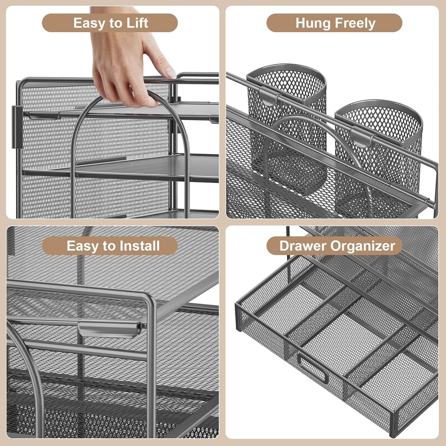 Marbrasse Desk Organizer and Accessories4-Tier Paper File Letter Tray Accessories & Workspace Desk Organizers with Drawer and 2 Pen Holders for School Home Office Supplies (Grey)