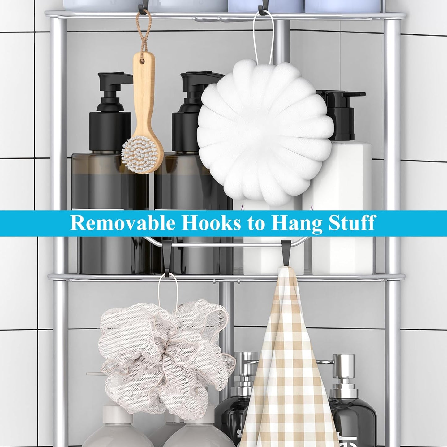 4 Tier Floor Standing Corner Shower Caddy Organizer Shelf with Hooks, Bathroom Shelves Stand Rack, Silver