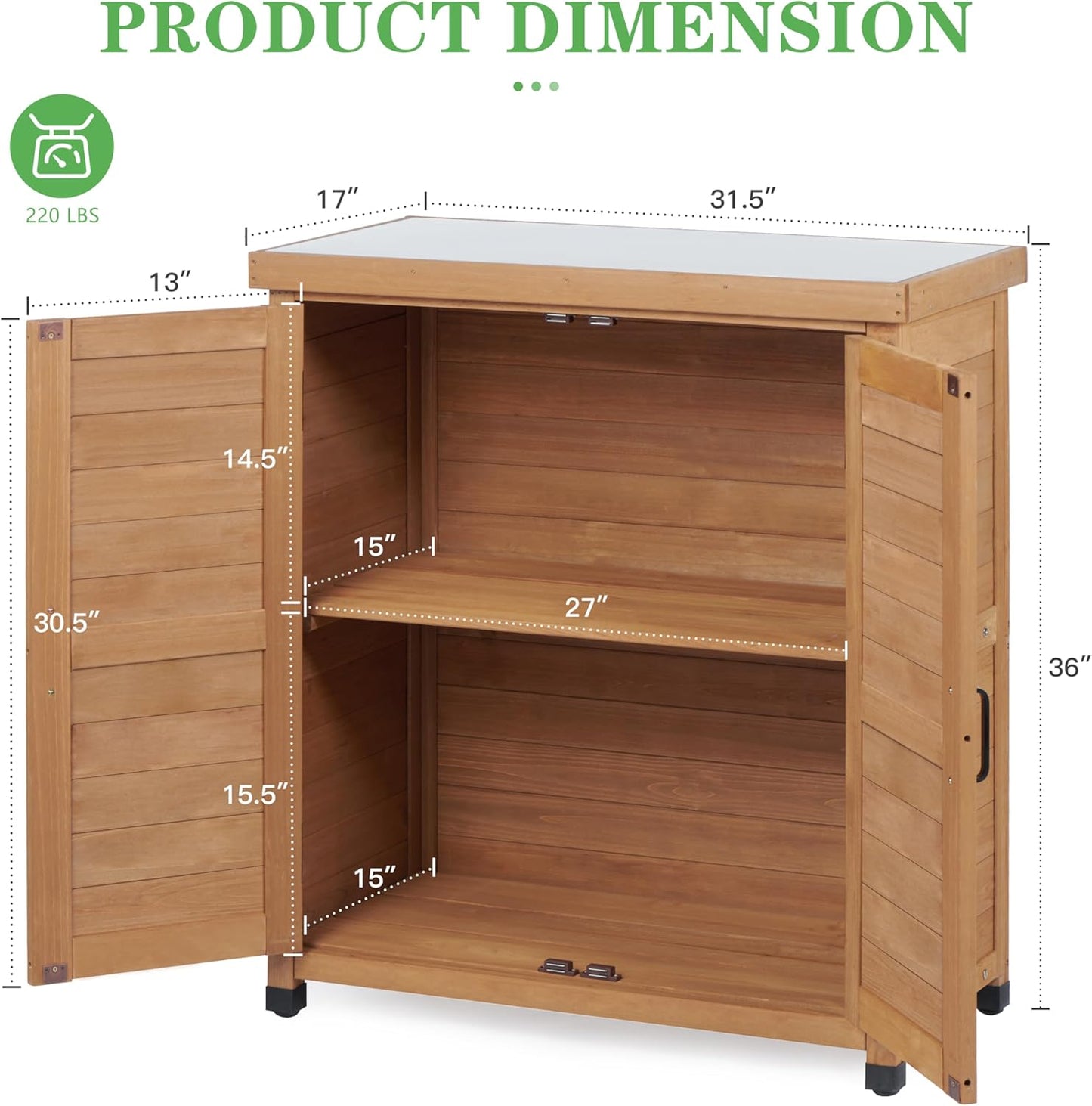Outdoor Potting Bench with Storage Cabinet and Metal Top, Wood Workstation for Outdoor Patio, Garden (Light Brown, 31x17x36‘’)