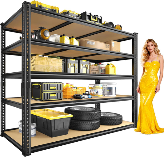 48" W Garage Shelving Heavy Duty 2800LBS Garage Storage Shelves, 5 Tier Adjustable Metal Shelving Unit Utility Rack Shelf for Warehouse, Pantry, Closet, Kitchen 72" H x 48" W x 18" D, Black