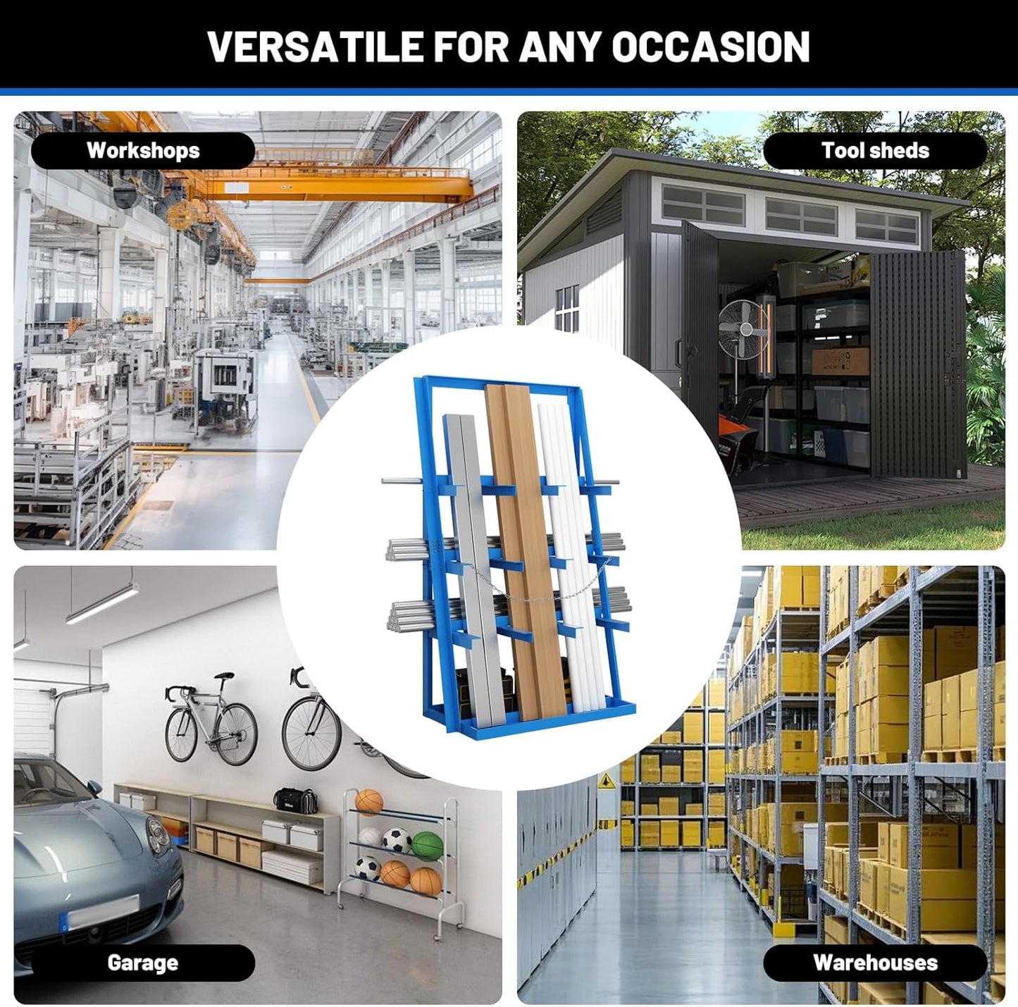 Vertical Bar Rack, 3000 LB Capacity Heavy-Duty Steel Lumber Storage, 39" W x 24" D x 84" H Pipe Organizer Rack with Safety Chain, Wall-Mounted for Garage Workshop