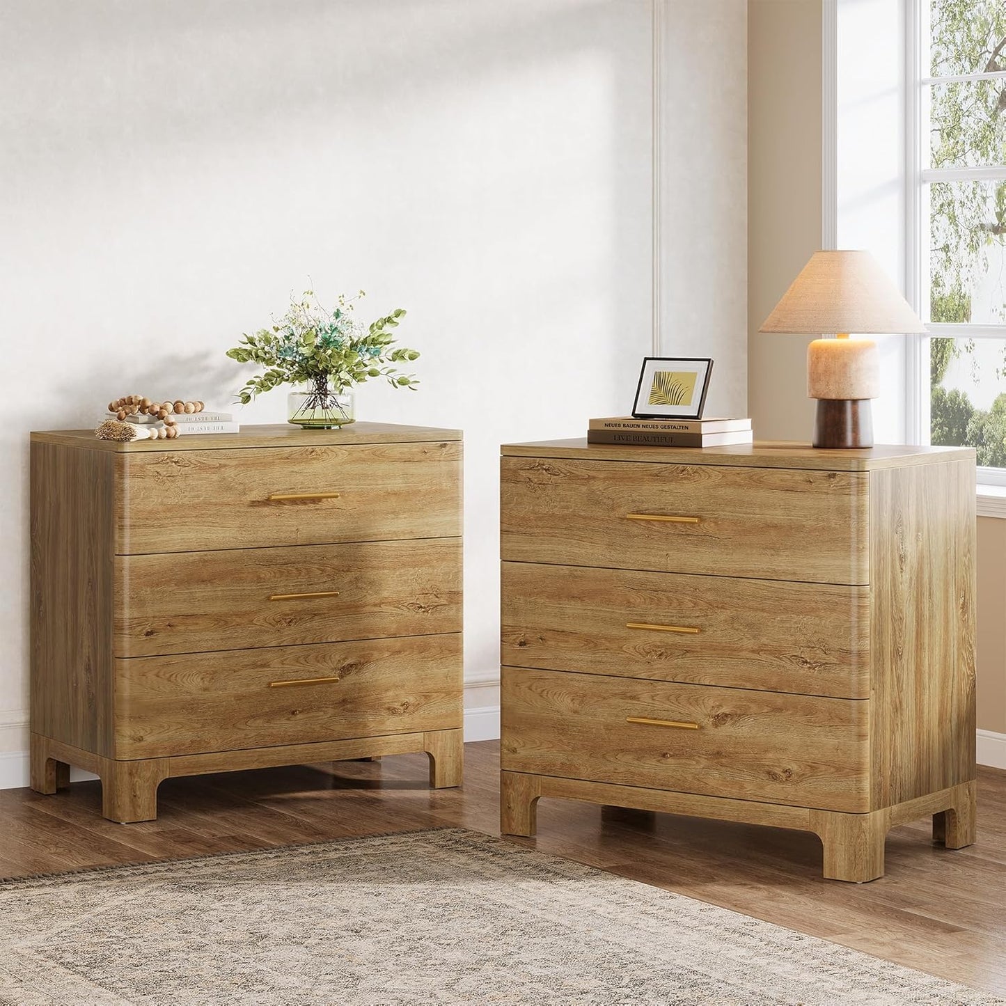 Tribesigns Extra Large Three Drawers Nightstands Set of 2, 31.5" Wooden Rustic Brown Bedside Table with Drawers Storage and Mental Handles for Bedroom, Easy Assembly (2)