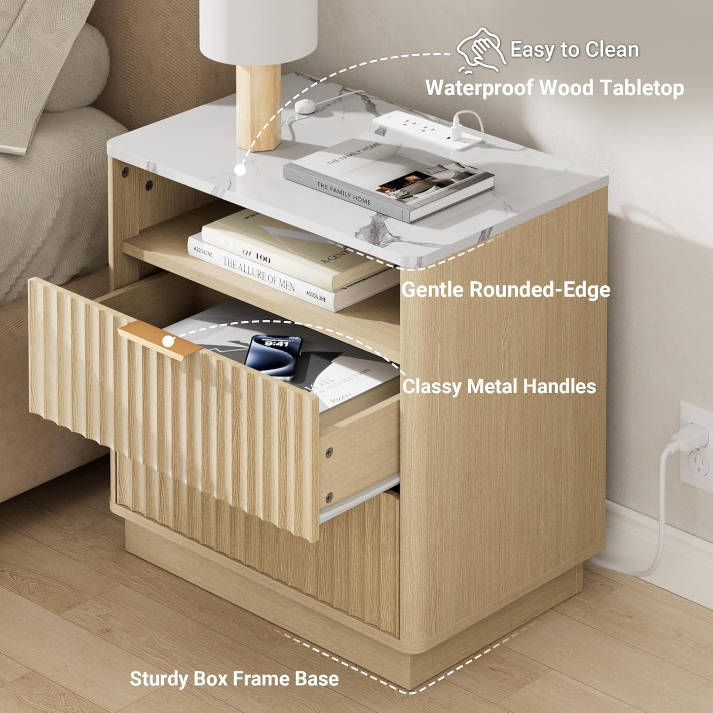 Large Fluted Night Stand Set of 2 with Charging Station, 23" Modern End Table with Faux Marble Top, 2 Drawers Nightstand with Storage for Bedroom Living Room, Curved Profile (Natural Oak)