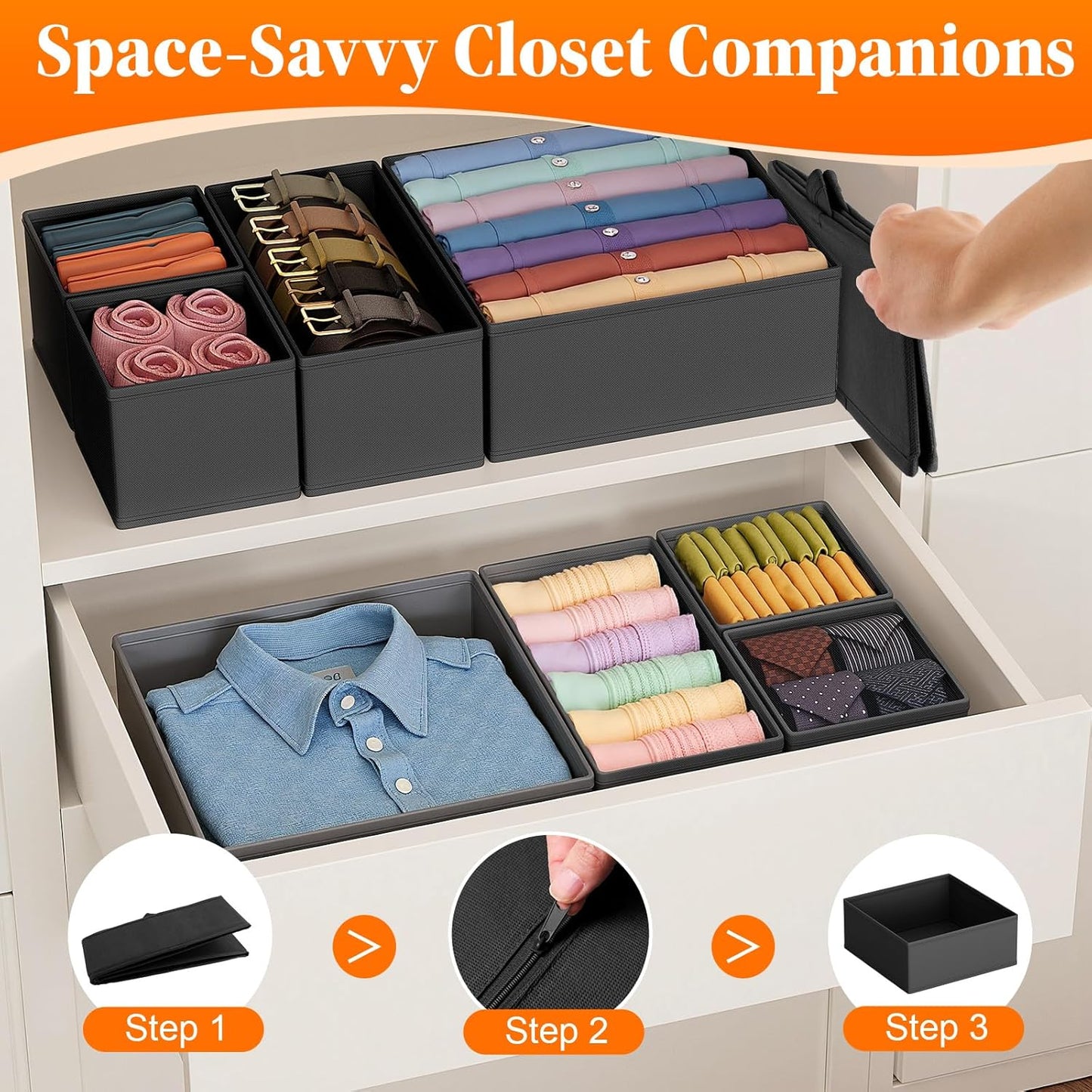 Drawer Organizer Clothes, 16 Pack Drawer Organizers and Underwear Organizer for Nursery, Dividers Clothes Organizer, Closet Organization and Foldable Storage Bins for Sock, Bra, Tie, Black