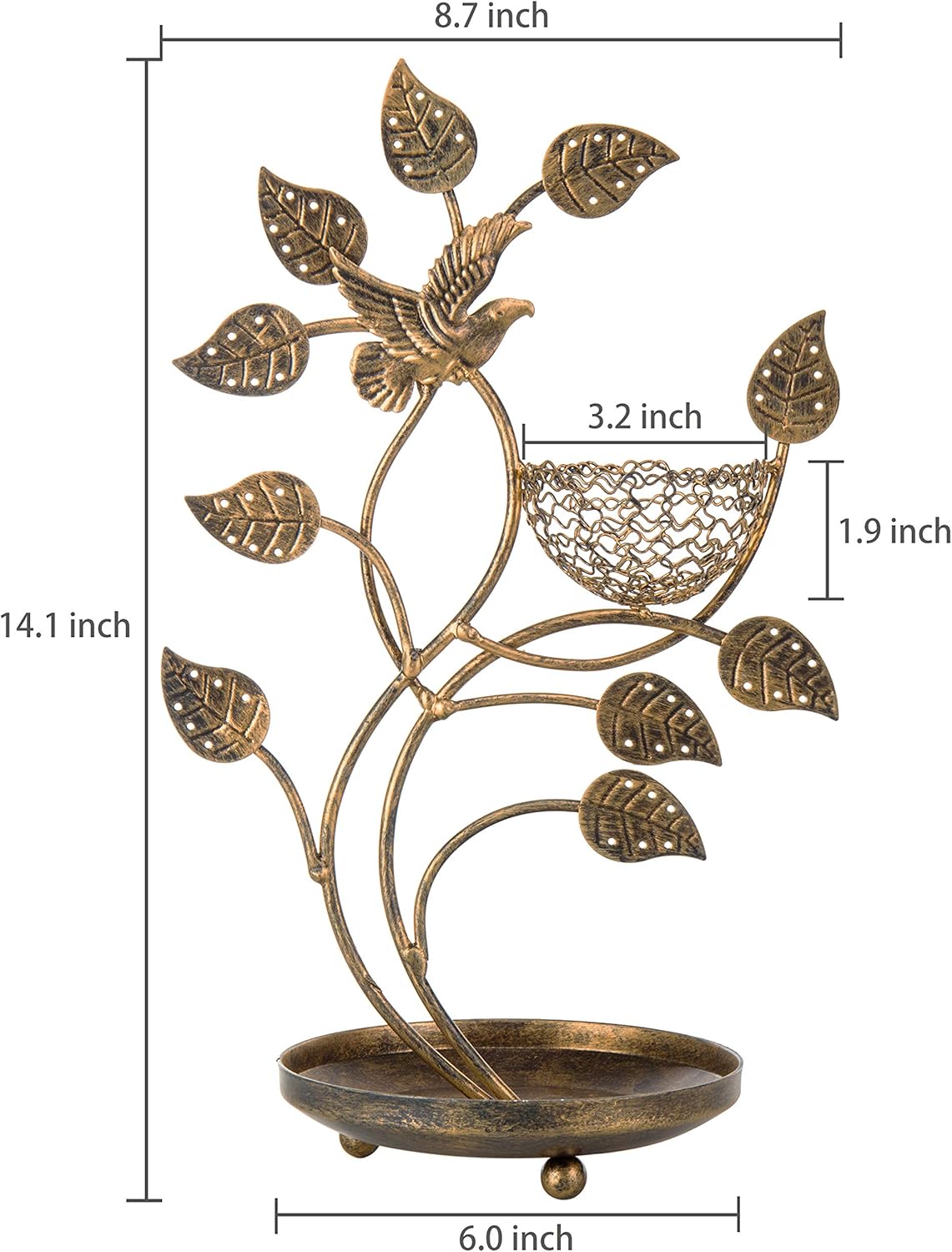 MyGift 14-Inch Bronze-Tone Tree & Bird Nest Earring Stand Jewelry Tower with Ring Trinket Organizing Tray