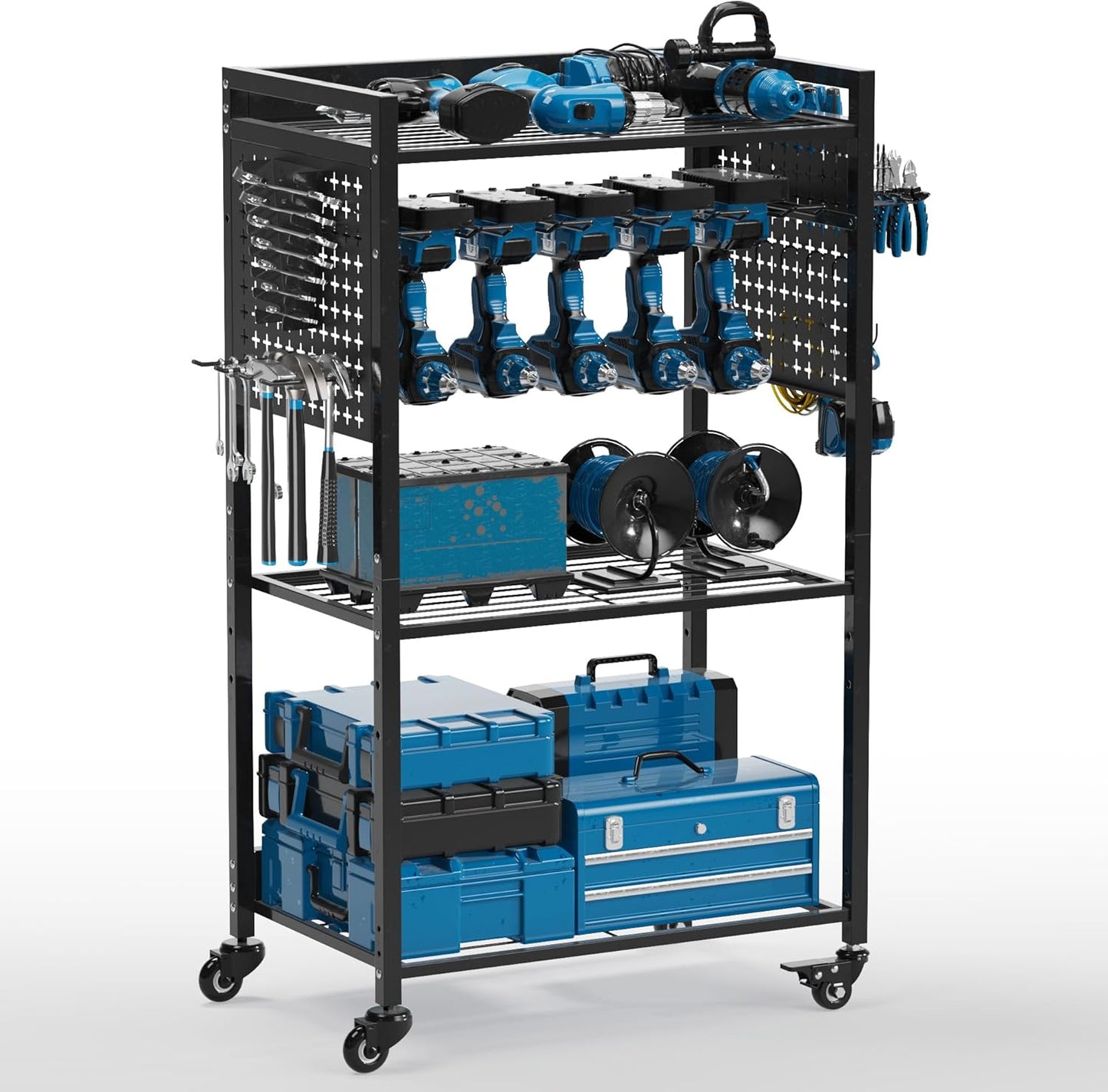 Power Tool Organizer Cart, Rolling Tool Drills Holders Storage Rack on Wheels, 38 inch Black Utility Cart for Garage Workbench, Warehouse, Gift for Husband