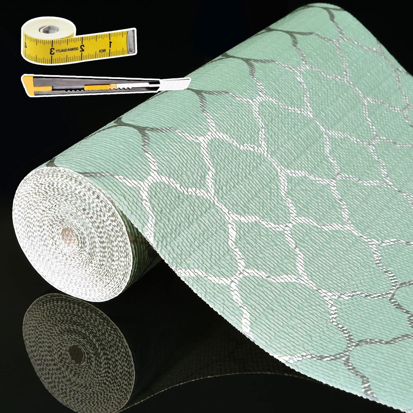 Shelf Liners for Kitchen Cabinets Non Adhesive Drawer Liner 17.5in x 20FT Light Green Quatrefoil Thickened Shelf Liner Strong Non-Slip Easy to Clean Tool Box Refrigerator with Knife and Tape Measure