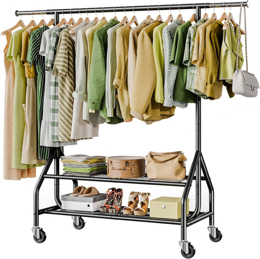 Clothes Rack with 2 Shelves, Heavy Duty Garment Rack Load 450 LBS, Standing Rolling Metal Hanging Clothes with Sturdy Wheels & Shelves