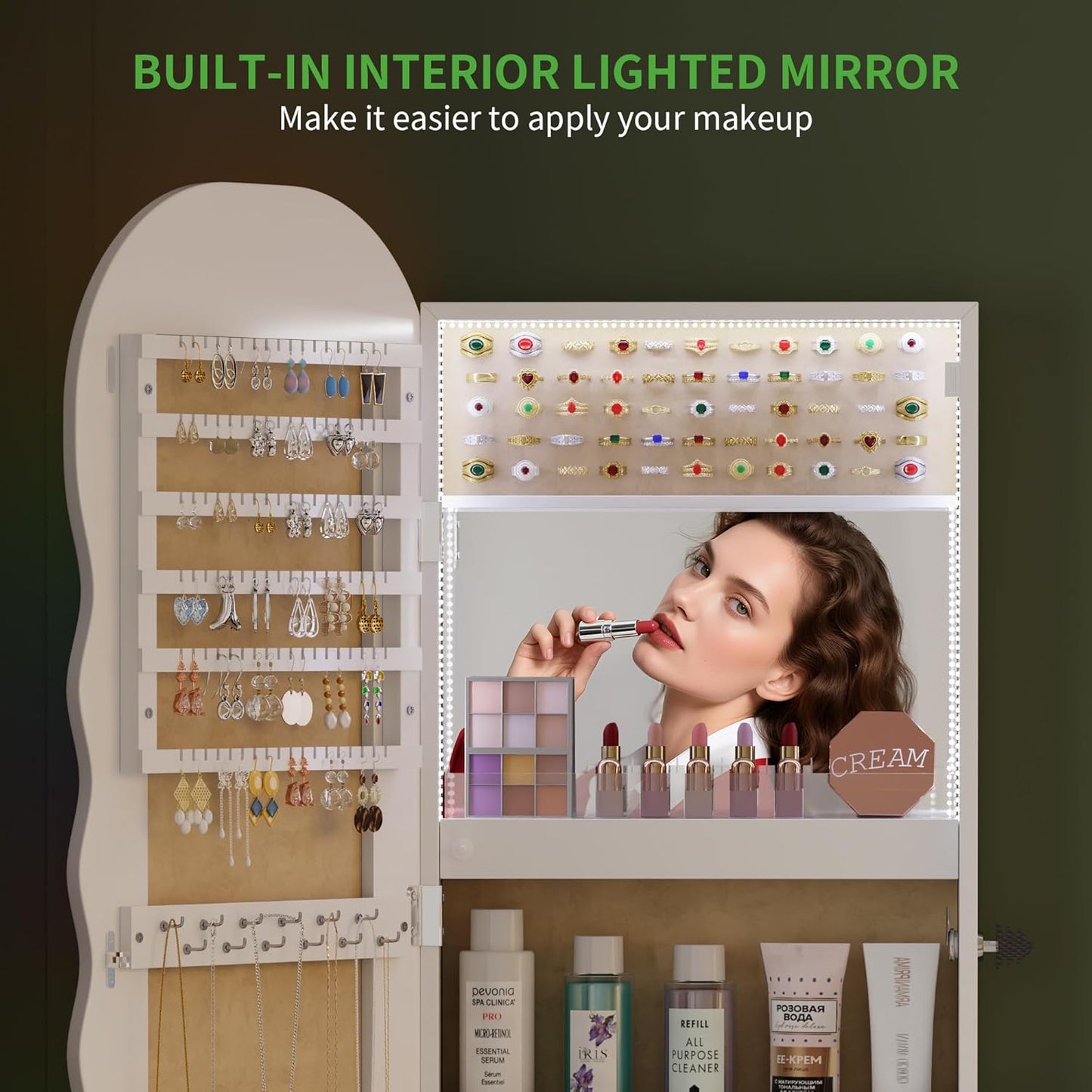 HNEBC LED Mirror Jewelry Cabinet with RGB Lights,42.5" Wall Mounted Jewelry Organizer with Full-Length Mirror,Over The Door Hanging Jewelry Armoire Storage Cabinet,Lockable,Wide Wavy Mirror