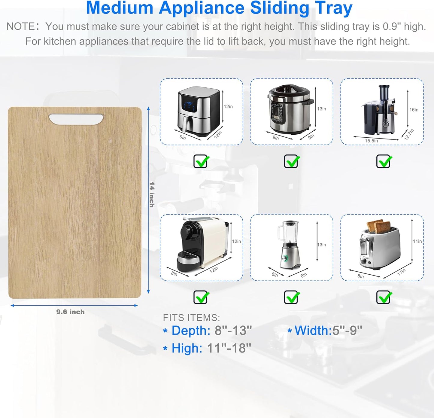 Marine Wood Appliance Sliding Tray, Heavy-Duty 200lbs Capacity Kitchen Appliance Slider with 8 Nylon Wheels, Scratch Proof Design for Coffee Maker, Air Fryer,Cabinet Storage(14"x9.6"x0.6")