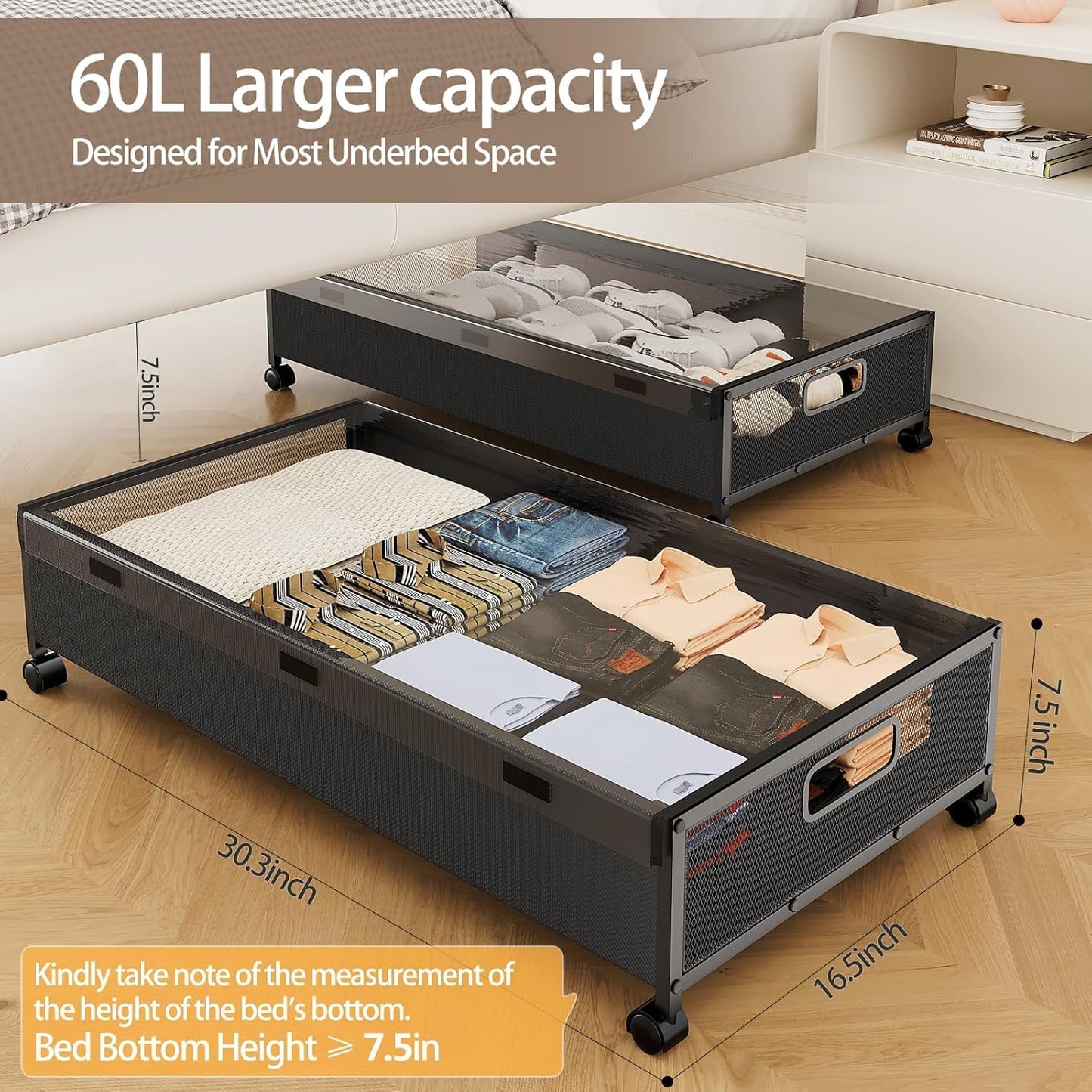 KITHELP Under Bed Storage Containers with Wheels, Underbed Shoe Storage Organizer with Removable Lids, Large Rolling Under Bed Storage Dresser Drawers for Clothes Toys Shoes Blankets