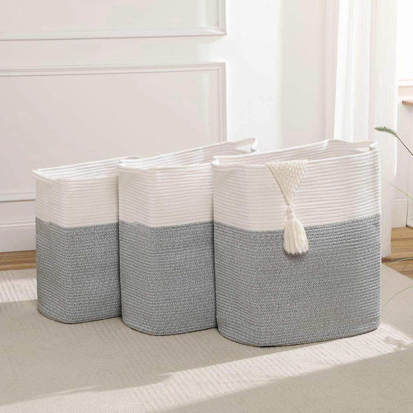 Tall Laundry Basket With Handles,Woven Cotton Rope Big Laundry Hamper Sorters,Versatile Storage for Dirty Clothes,Baby Toys,and Blankets in Bathroom, Nursery,and Living Room (Silver Gray, 50L)