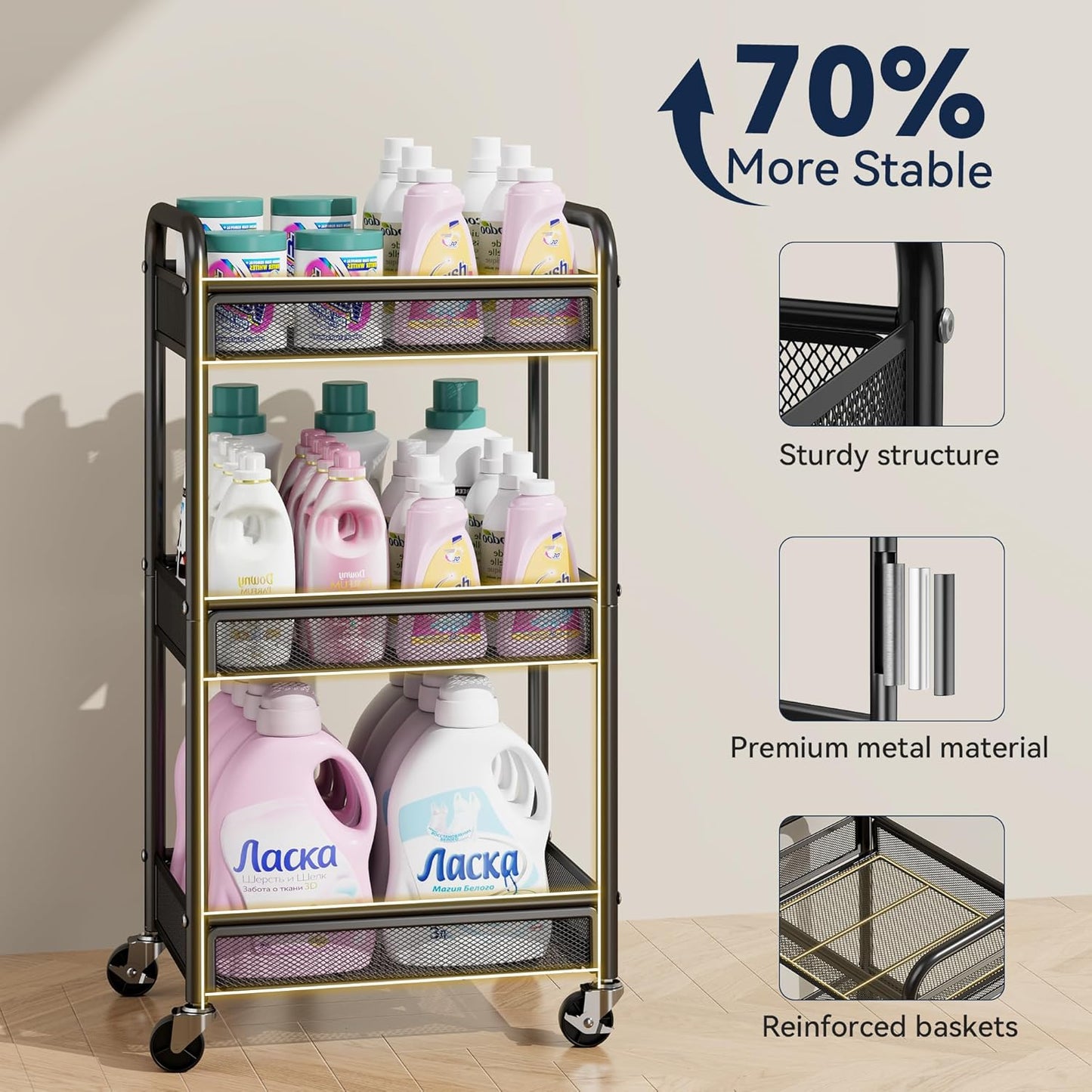 YASONIC 3 Tier Rolling Cart – Metal Utility Storage Carts with Wheels, Craft Cart Organizer with Hanging Cups, Hooks, Mesh Basket for Bedside Kitchen Office Art, Black