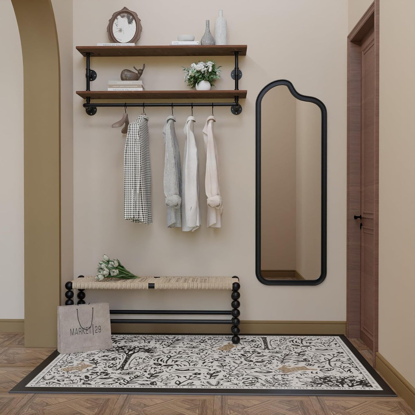 Clothes Rack 36in, 2 Tier Wall Mounted Garment Rack with Real Wood Shelf, Heavy Duty Hanging Clothes Rack, Multi-Purpose Hanging Rod, Space-Saving Closet Storage
