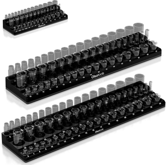Olsa Tools Magnetic Socket Organizer | 3pc Socket Holder Kit | 1/2-Inch, 3/8-Inch, 1/4-Inch Drive | Socket Organizers For Toolboxes | Black | Holds 141 | Professional-Grade Tool Organizer | Part 1563