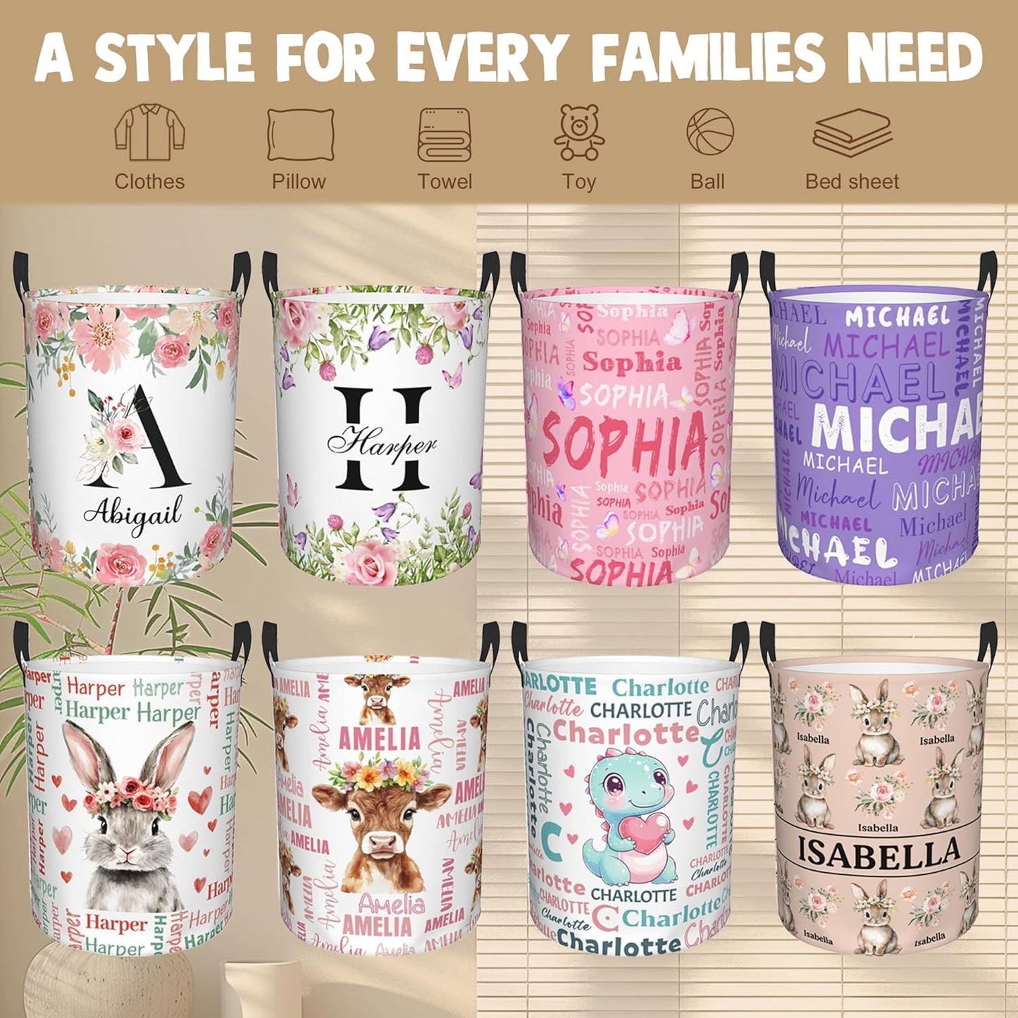 Custom Name Laundry Hamper, Personalized Dinosaur Laundry Basket with Name for Laundry Room Dorm Bedroom, Customized Name Dirty Clothes Hamper with Handles for Clothes Toy Boys Girls Men Women