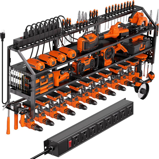Extra Large Power Tool Organizer Wall Mount with Charging Station, 12 Drill Holders Heavy Duty with 8-Outlet Power Strip, Garage Cordless Drill Storage and Organization, Battery Utility Rack