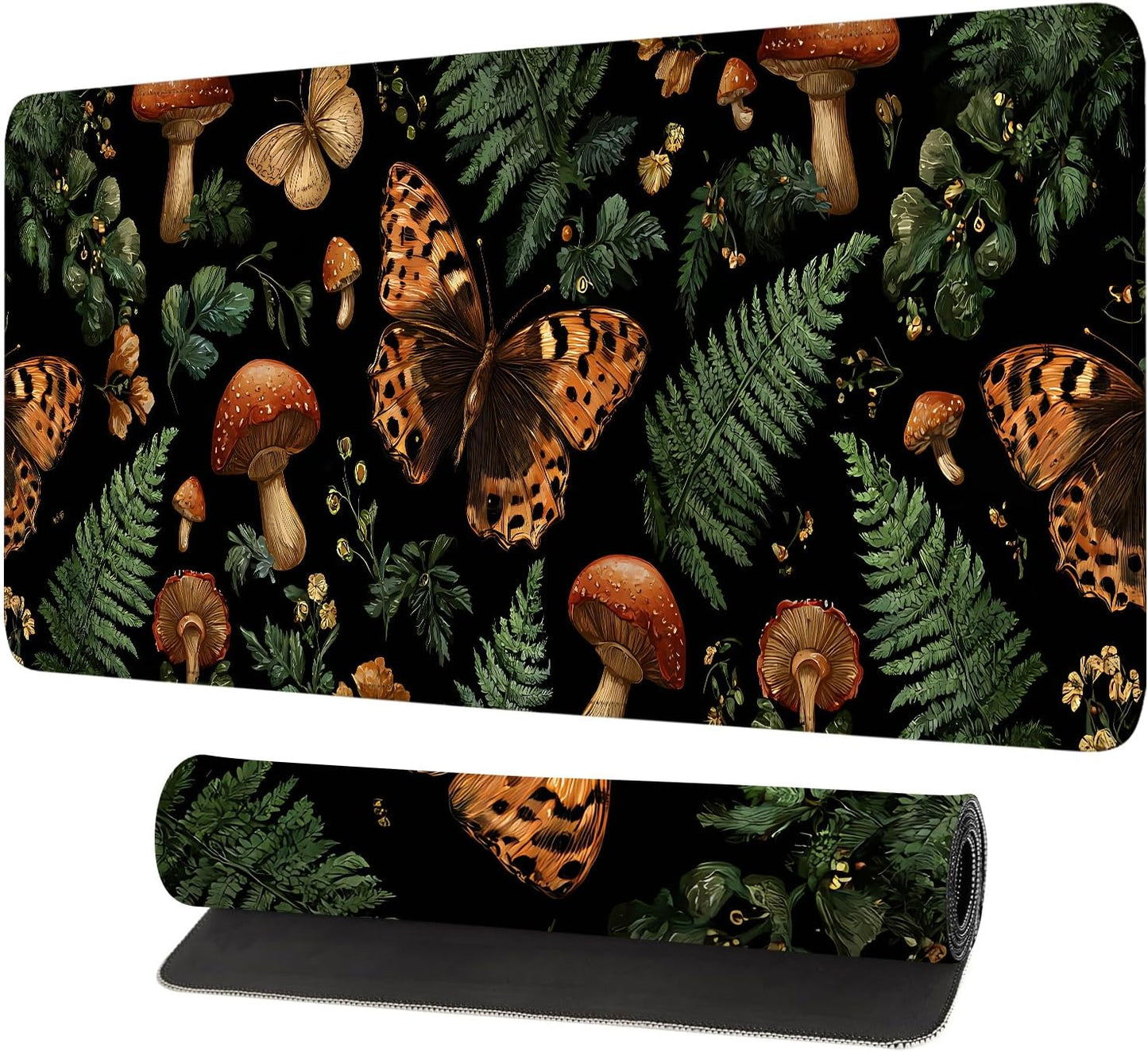 Vintage Butterfly Mushroom Mouse Pad – Large Extended Desk Mat 31.5 x 11.8 in– Dark Forest Aesthetic with Ferns & Fungi, Waterproof Surface, Non-Slip Rubber Base, Keyboard & Mouse Pad