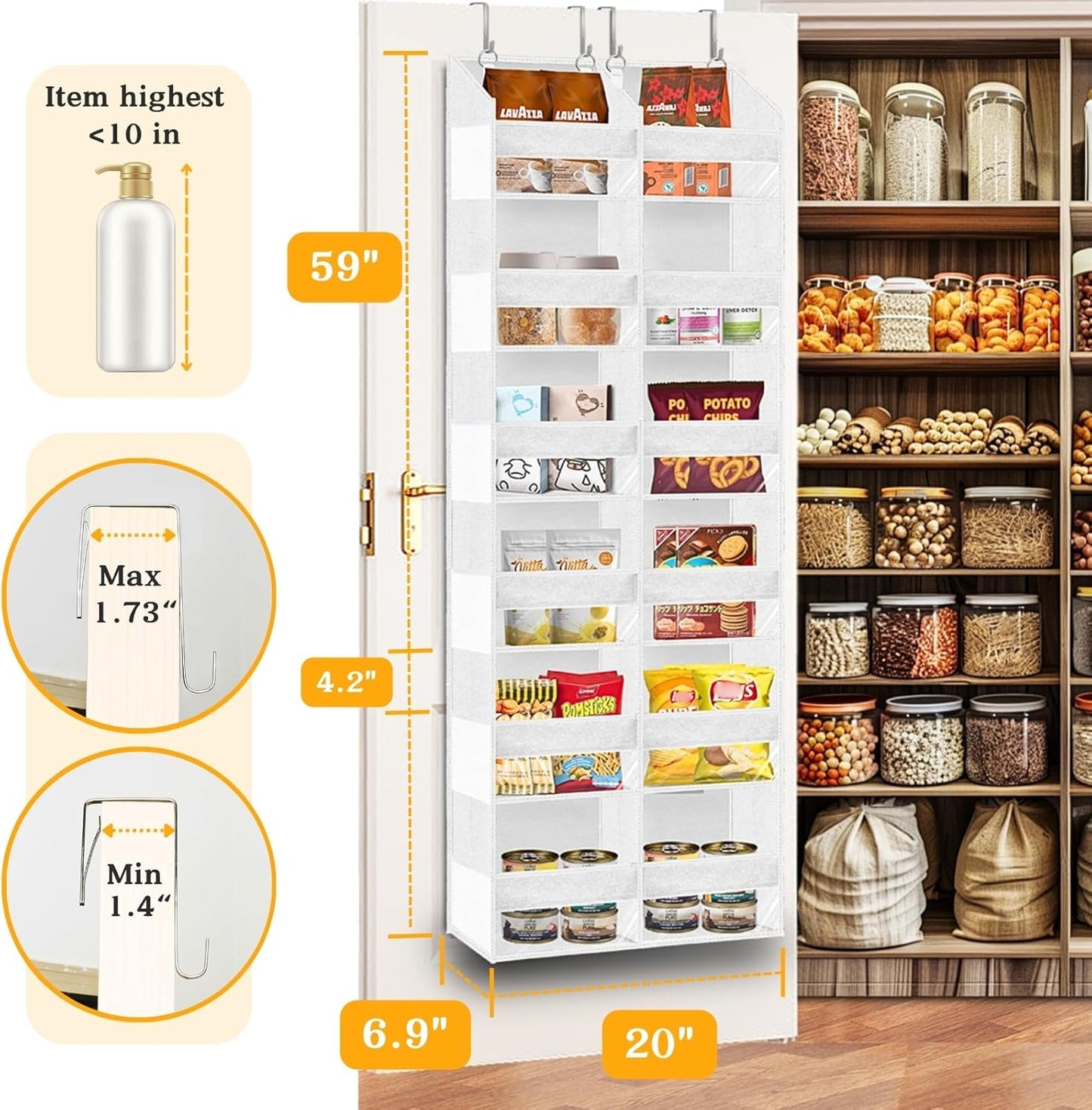 Over The Door Organizer 6 Tiers, Extra Large Behind Door Storage of 12 Compartments, 80 lbs Weight Capacity Hanging Storage Organizer with Clear Window Kids Toys, Shoes,Diapers, Room Storage, White