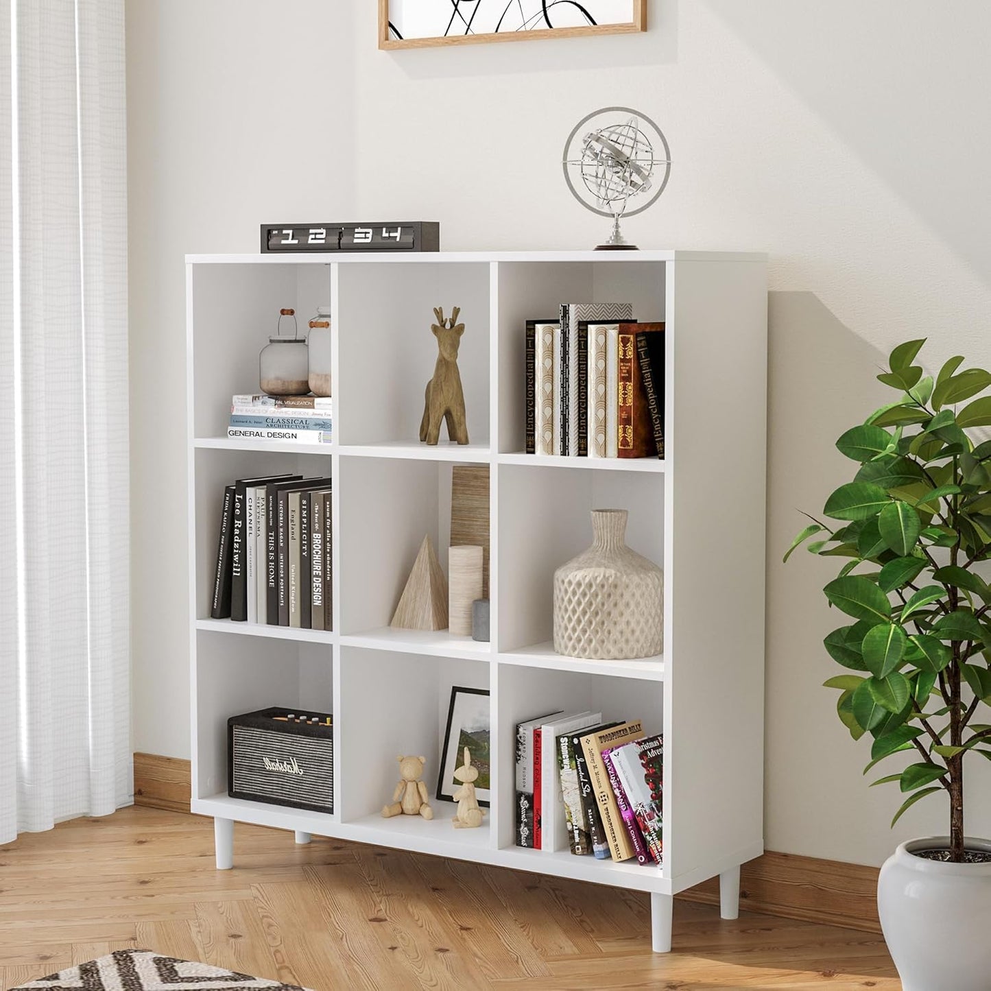 Wood Cube Storage Organizer White Bookshelf - 3-Tier Freestanding Storage Cabinet with Legs for Home Office, 9-Cubes Open Shelf