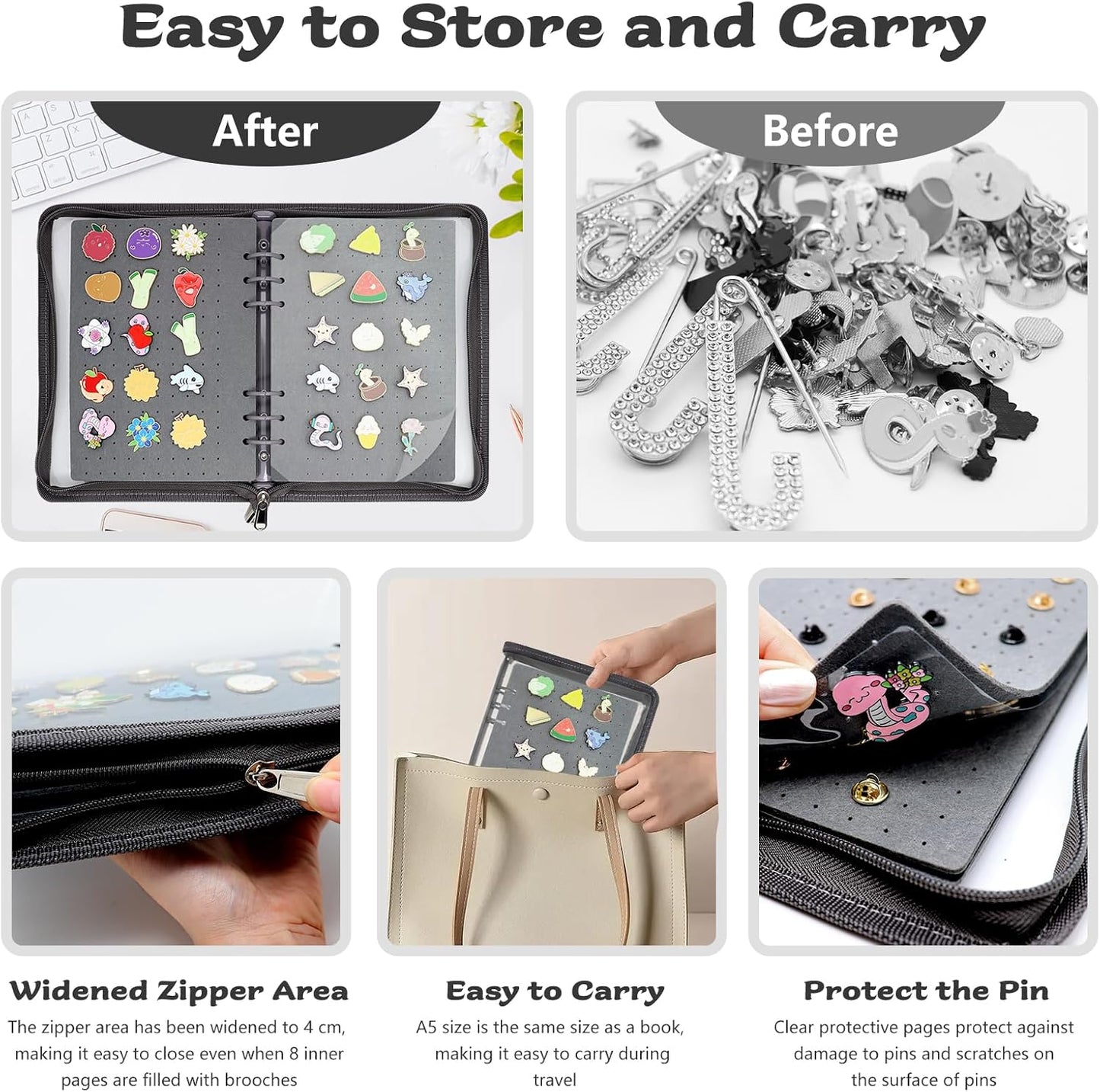 Enamel Pin Display Book Pin Collection Binder Holder Trading Book with 8-Page Display Boards A5 Brooch Pin Storage Organizer Binder Album for Travel Collectors (Dark Grey)