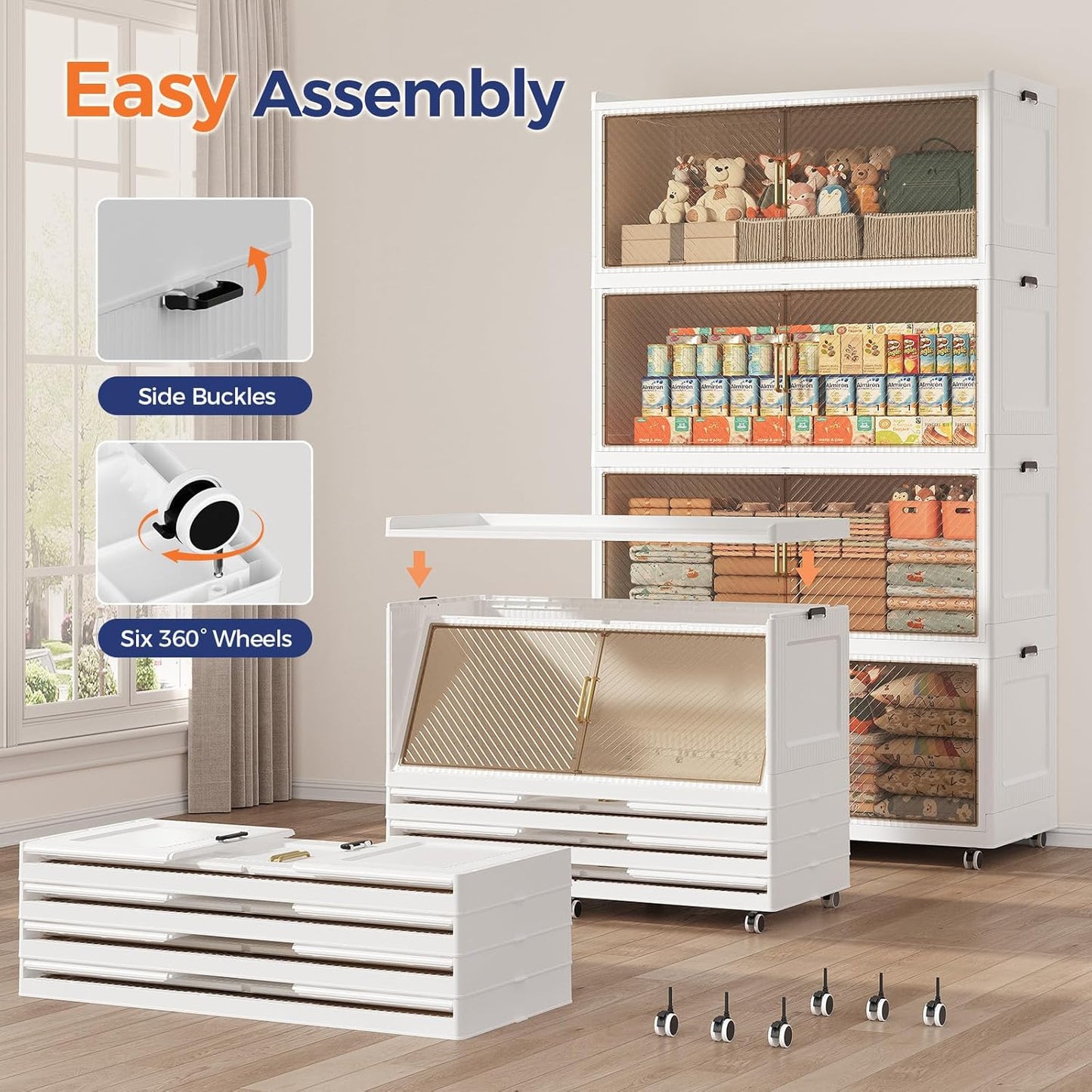 150GAL Extra Large Storage Bins with Lid, 600QT Collapsible Organizer with Wheels, Stackable Closet Cabinet with Doors, Folding Storage Containers for Home, Office, Kitchen, 3Pack White