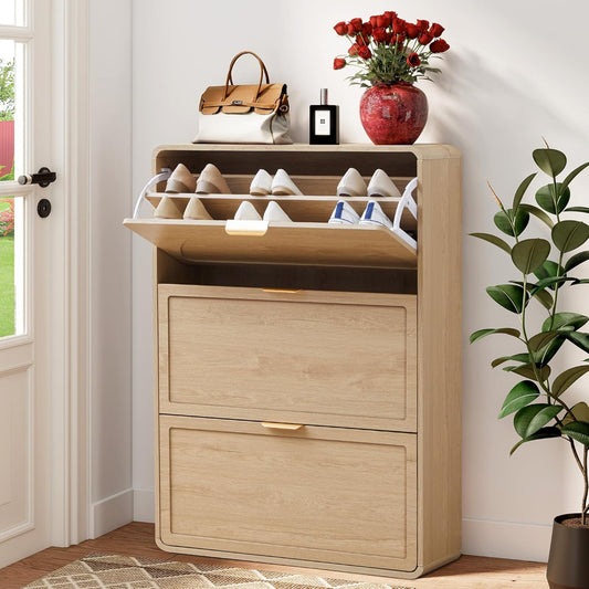 Hidden Shoe Cabinet with Drawer, Free Standing Narrow Shoe Rack Cabinet for Entryway Slim, 3 Flip Drawer Shoe Storage Organizer Cabinet for Entry,Hallway,Door,Dorm,Small Spaces - Natural