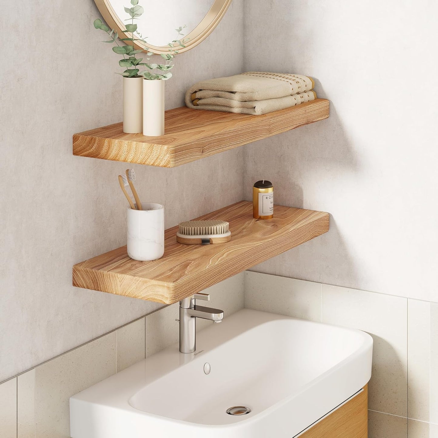 24" Rustic Elm Wood Floating Shelves, 8 Inch Deep Wall Shelves for Home Decor, Wall Mounted Floating Shelf with Invisible Bracket, Heavy-Duty Storage & Display Shelf for Living Room, Kitchen, Set of 2