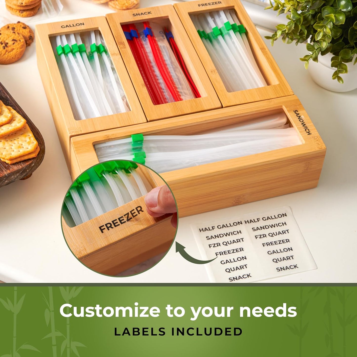 Storage Bag Organizer, Bamboo Baggie Organizer for Drawer, 4 Modular Blocks for Kitchen Organization, Plastic Bag Storage Organizer, Quick Refill - Fits Gallon, Quart, Sandwich, Snack Size Bags
